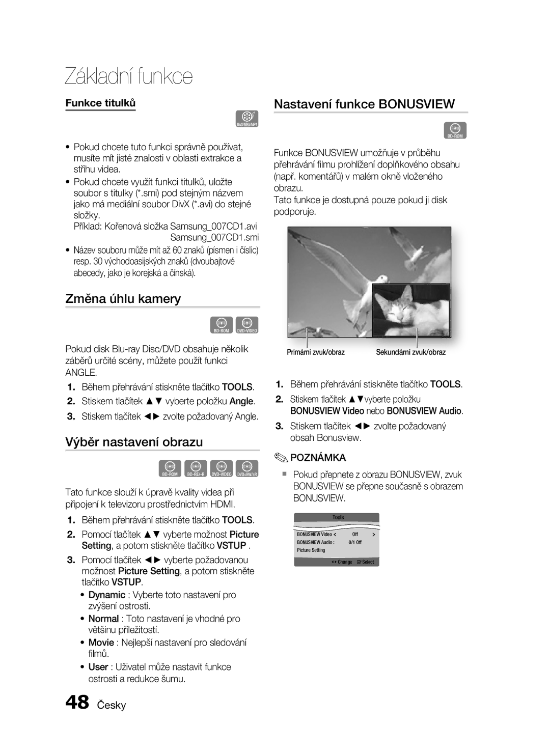 Samsung HT-C5550/EDC, HT-C5500/EDC Změna úhlu kamery, Výběr nastavení obrazu, Nastavení funkce Bonusview, 48 Česky, Angle 