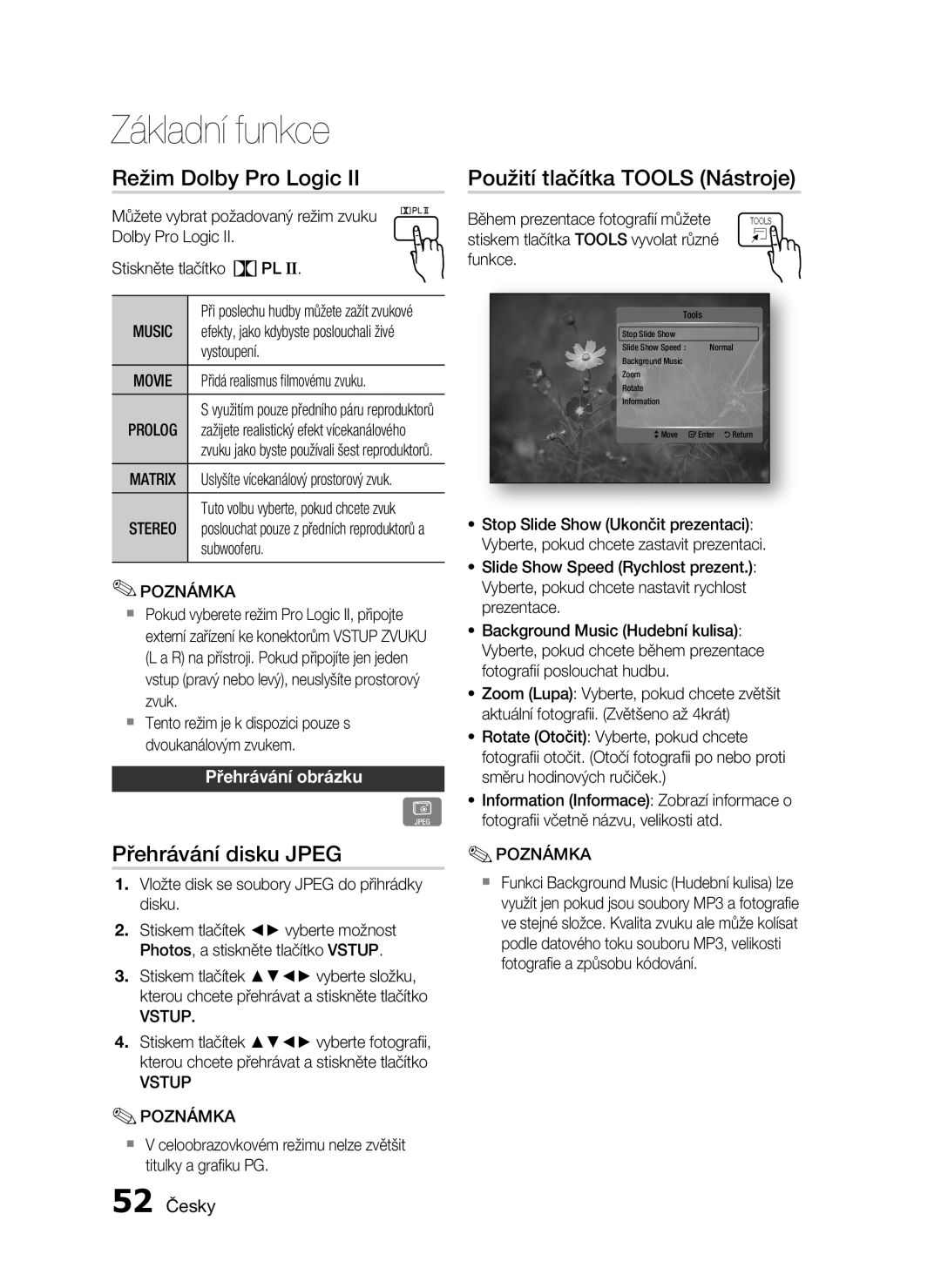 Samsung HT-C5550/EDC Režim Dolby Pro Logic, Přehrávání disku Jpeg, Použití tlačítka Tools Nástroje, Přehrávání obrázku 