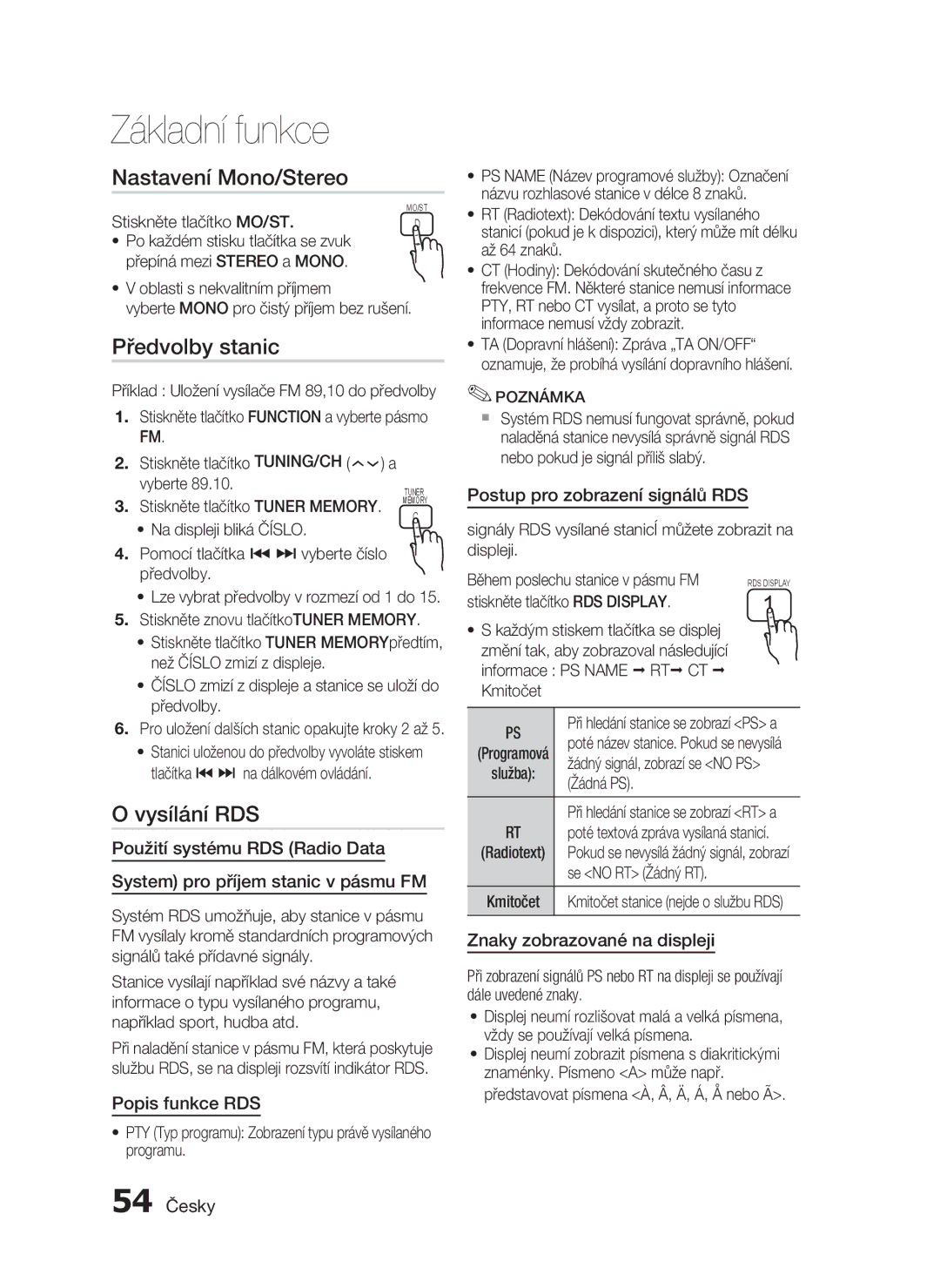 Samsung HT-C5500/XEF, HT-C5550/EDC, HT-C5500/EDC, HT-C5530/EDC manual Nastavení Mono/Stereo, Předvolby stanic, Vysílání RDS 