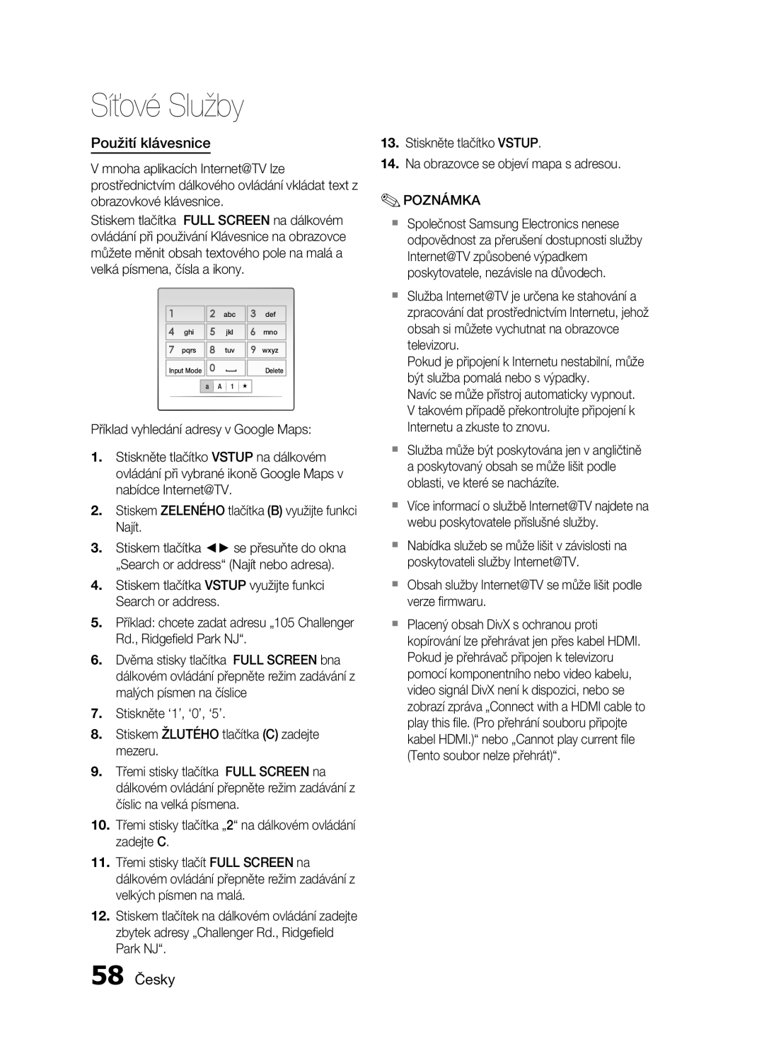 Samsung HT-C5500/XEF, HT-C5550/EDC, HT-C5500/EDC, HT-C5530/EDC manual Použití klávesnice, 58 Česky 