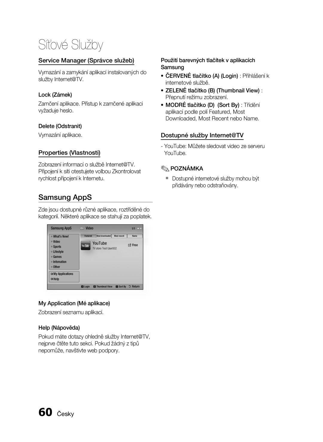 Samsung HT-C5550/EDC Samsung AppS, Service Manager Správce služeb, Properties Vlastnosti, Dostupné služby Internet@TV 