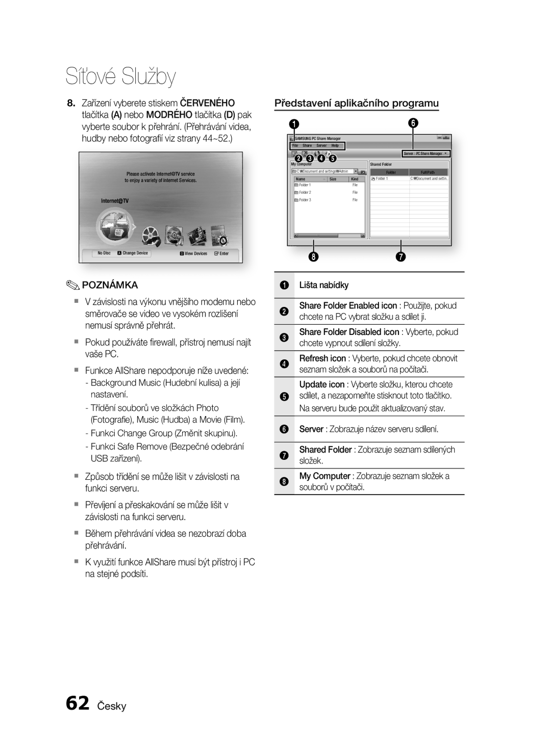 Samsung HT-C5500/XEF Představení aplikačního programu, 62 Česky, Lišta nabídky, Update icon Vyberte složku, kterou chcete 