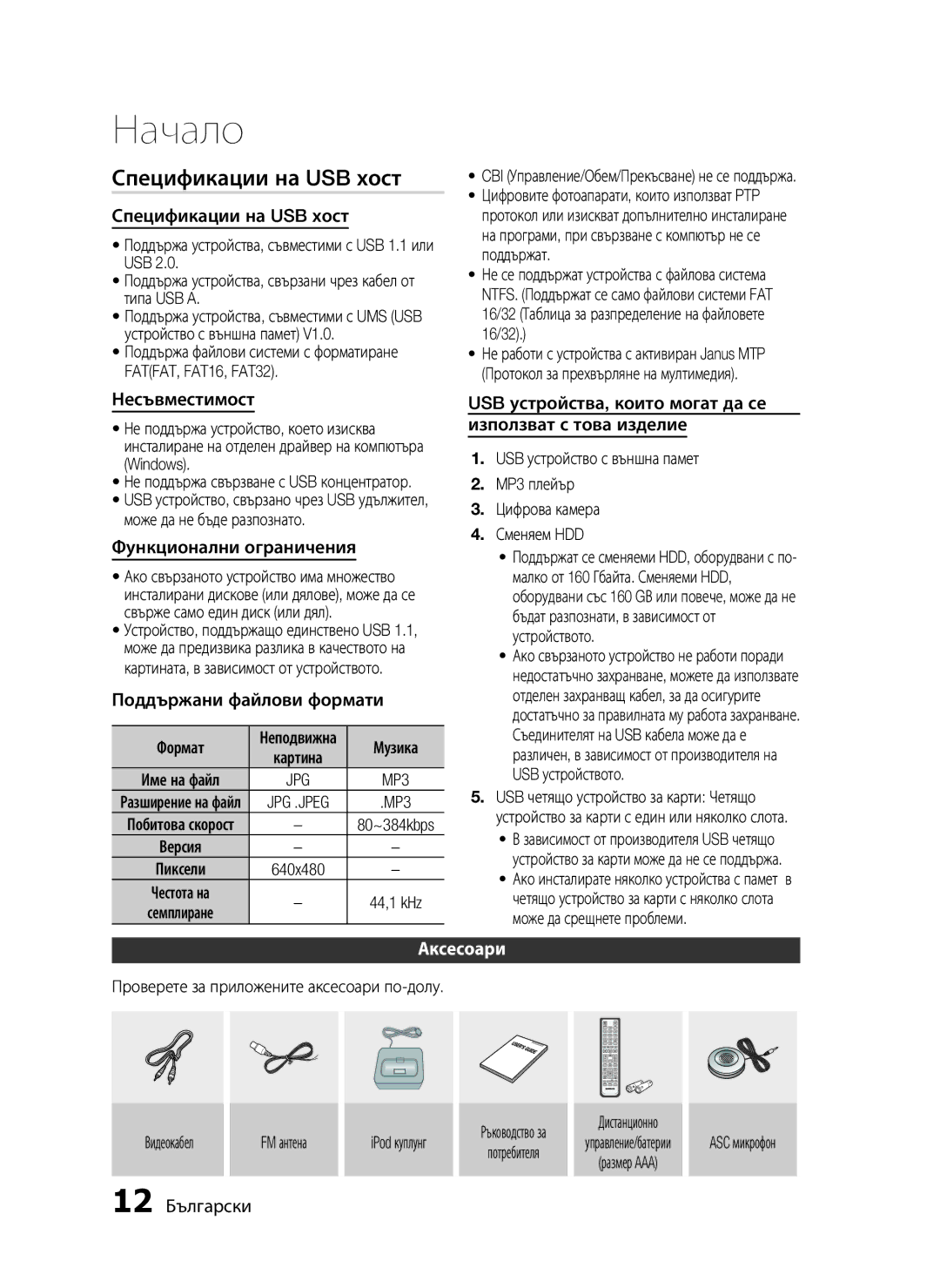 Samsung HT-C5550/EDC, HT-C5500/EDC manual Спецификации на USB хост, Аксесоари 