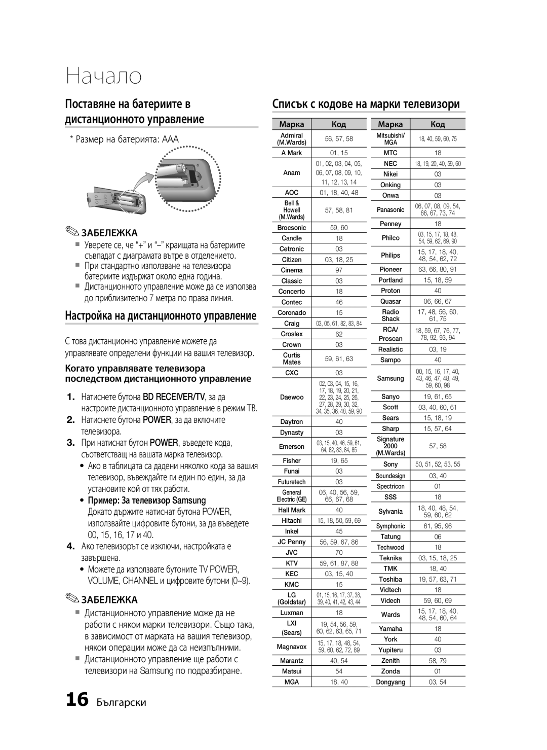 Samsung HT-C5550/EDC Списък с кодове на марки телевизори, Поставяне на батериите в дистанционното управление, 16 Български 