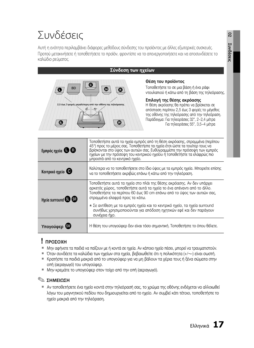 Samsung HT-C5500/EDC, HT-C5550/EDC manual Συνδέσεις, Σύνδεση των ηχείων 