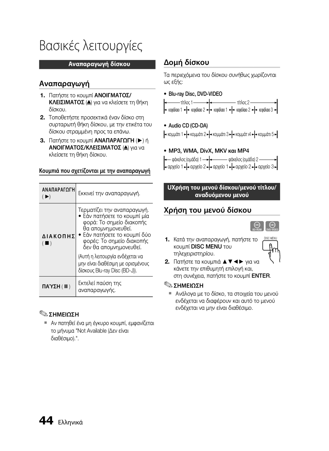 Samsung HT-C5550/EDC, HT-C5500/EDC manual Βασικές λειτουργίες, Αναπαραγωγή, Δομή δίσκου, Χρήση του μενού δίσκου 