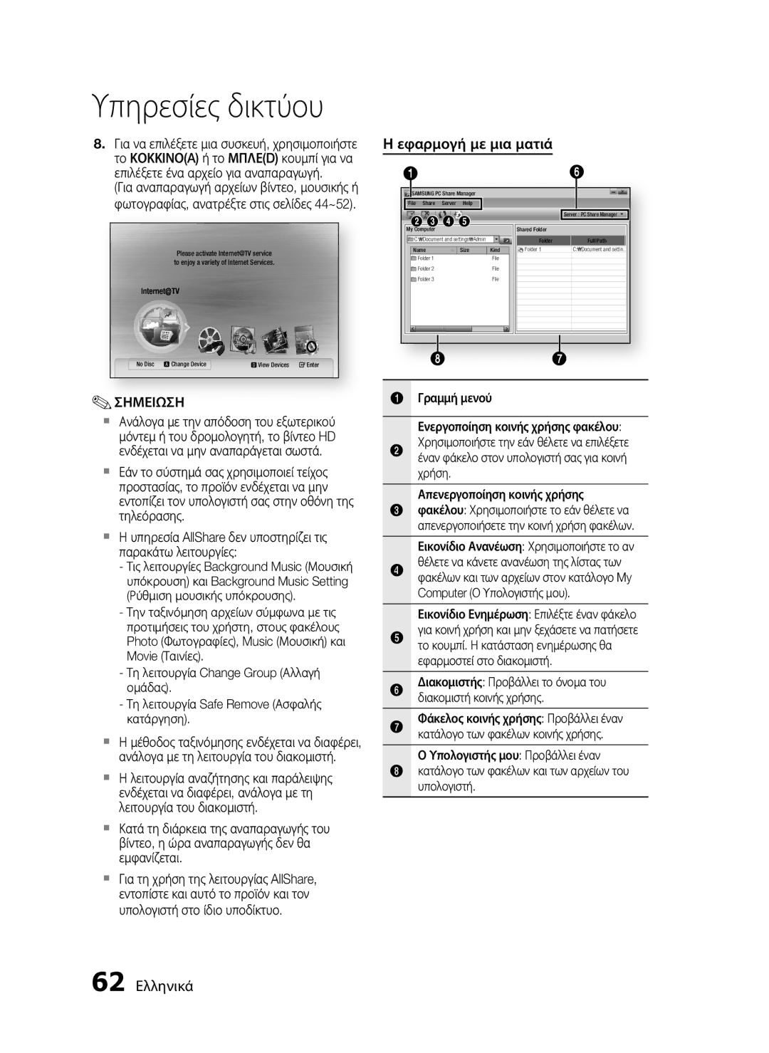 Samsung HT-C5550/EDC, HT-C5500/EDC manual Εφαρμογή με μια ματιά, 62 Ελληνικά, Εικονίδιο Ανανέωση Χρησιμοποιήστε το αν 