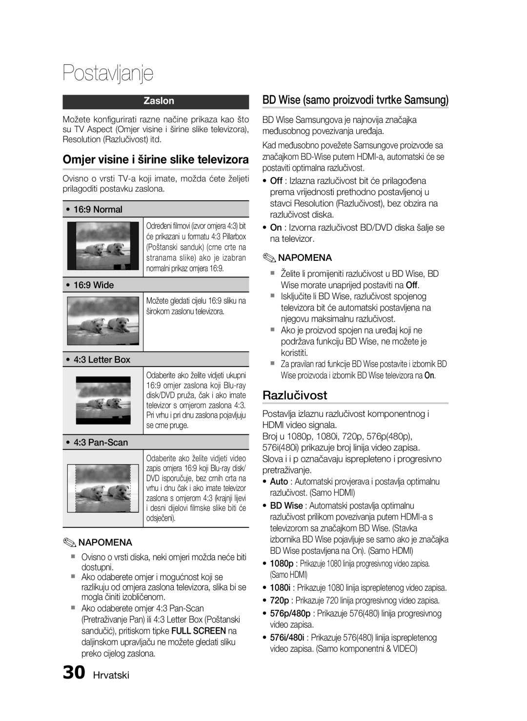 Samsung HT-C5550/EDC manual BD Wise samo proizvodi tvrtke Samsung, Razlučivost, Zaslon 