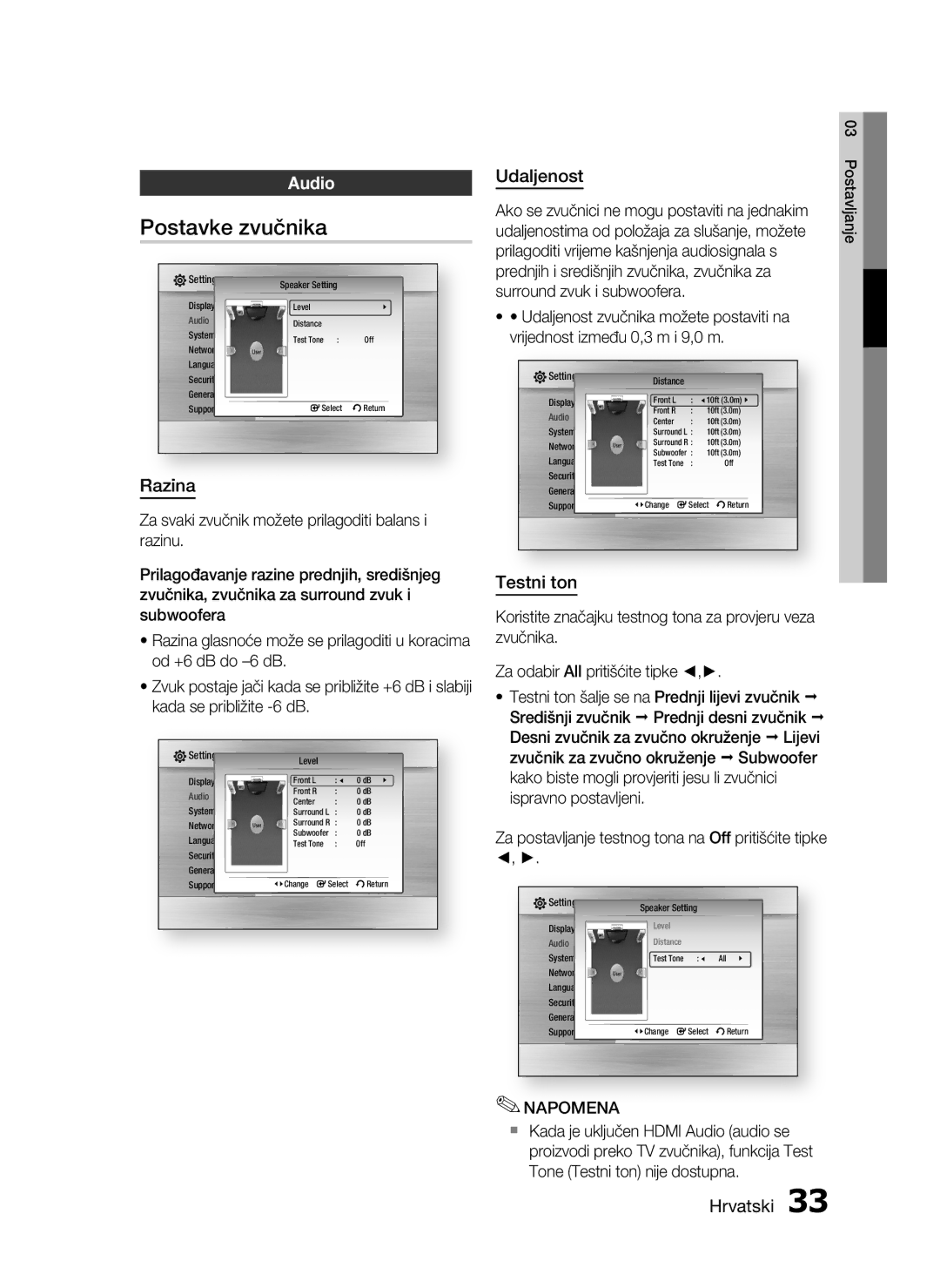 Samsung HT-C5550/EDC manual Postavke zvučnika, Audio, Razina, Udaljenost, Testni ton 