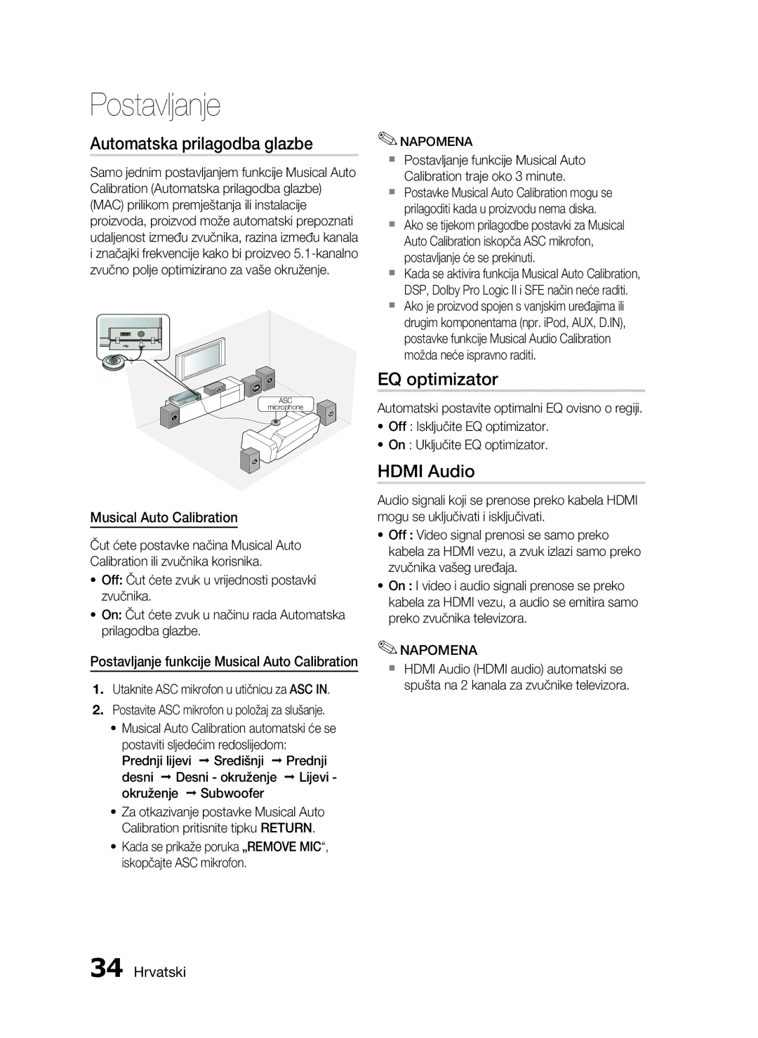 Samsung HT-C5550/EDC manual Automatska prilagodba glazbe, EQ optimizator, Hdmi Audio, Musical Auto Calibration 