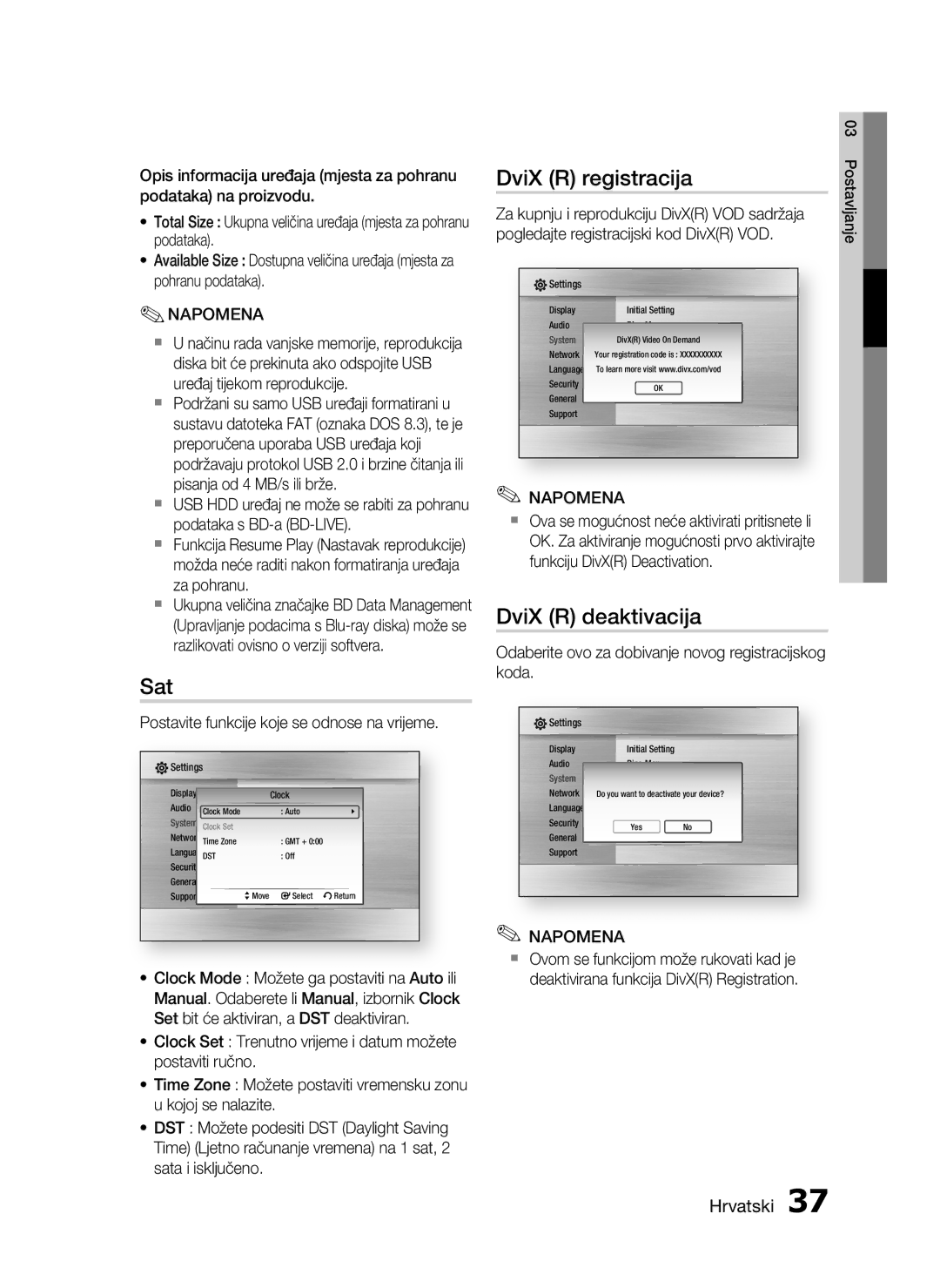 Samsung HT-C5550/EDC manual Sat, DviX R registracija, DviX R deaktivacija, Postavite funkcije koje se odnose na vrijeme 