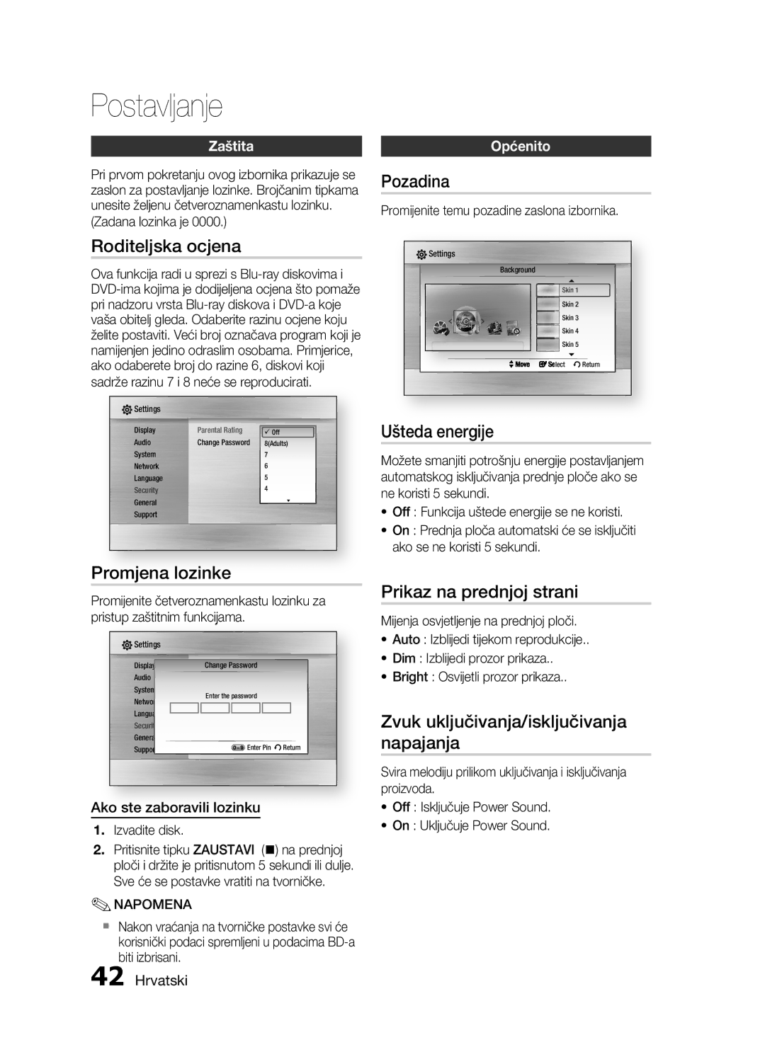 Samsung HT-C5550/EDC manual Roditeljska ocjena, Promjena lozinke, Pozadina, Ušteda energije, Prikaz na prednjoj strani 