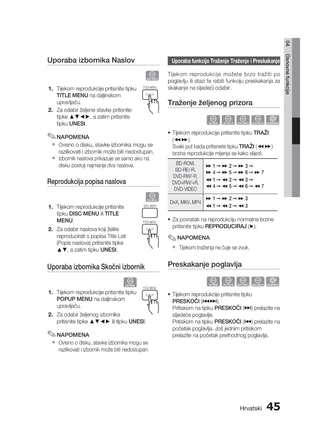 Samsung HT-C5550/EDC manual Uporaba izbornika Naslov, Traženje željenog prizora, Reprodukcija popisa naslova 