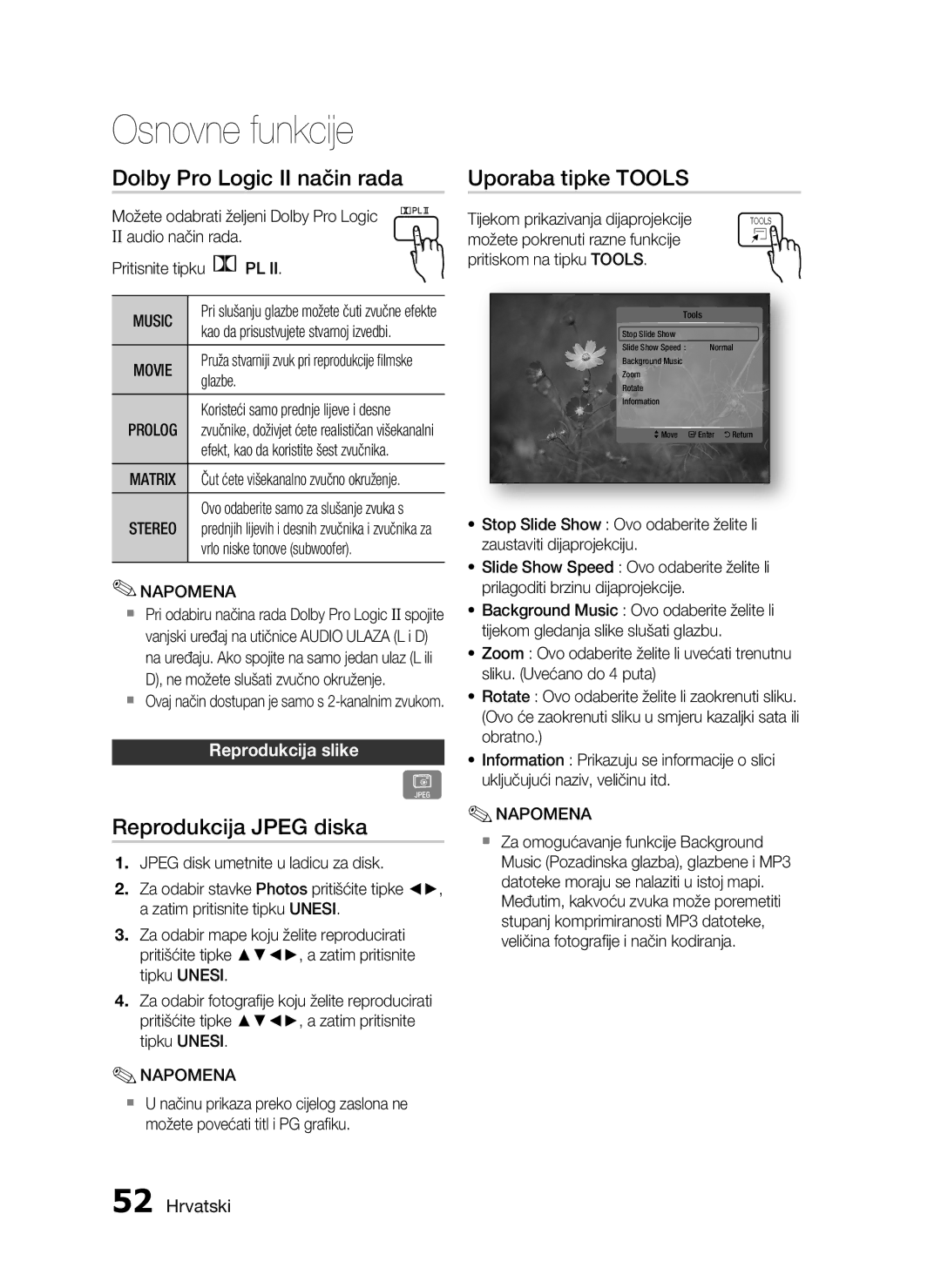 Samsung HT-C5550/EDC manual Dolby Pro Logic II način rada, Reprodukcija Jpeg diska, Uporaba tipke Tools, Reprodukcija slike 