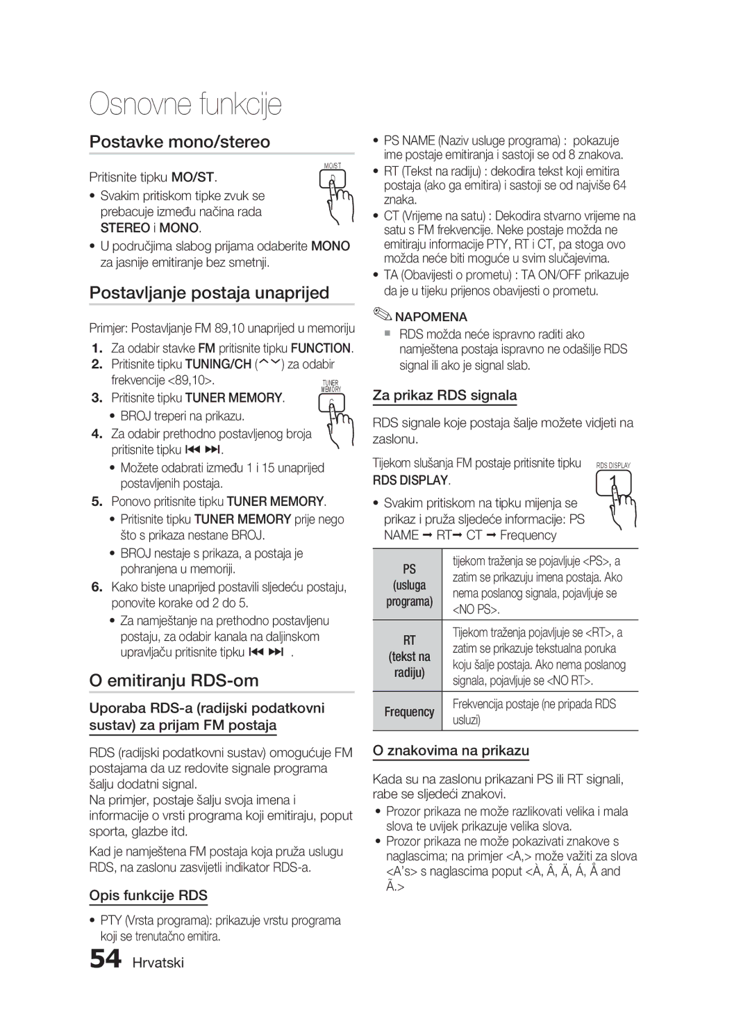 Samsung HT-C5550/EDC manual Postavke mono/stereo, Postavljanje postaja unaprijed, Emitiranju RDS-om 