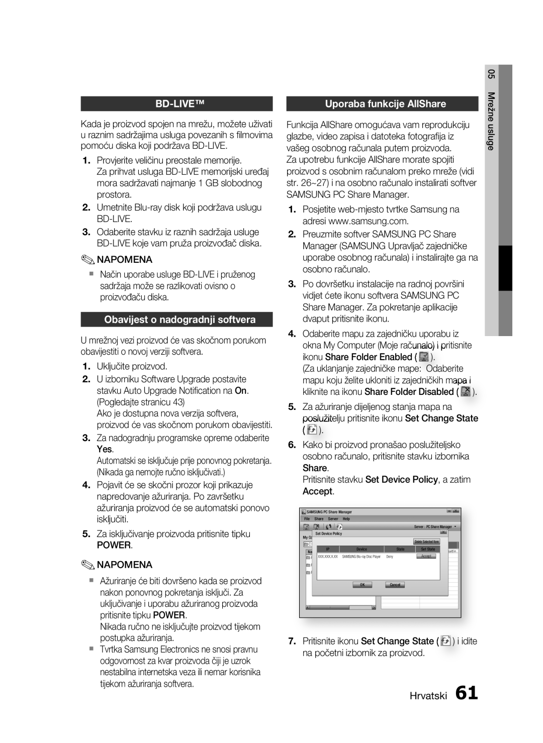 Samsung HT-C5550/EDC manual Uporaba funkcije AllShare, Obavijest o nadogradnji softvera, Bd-Live, Power 