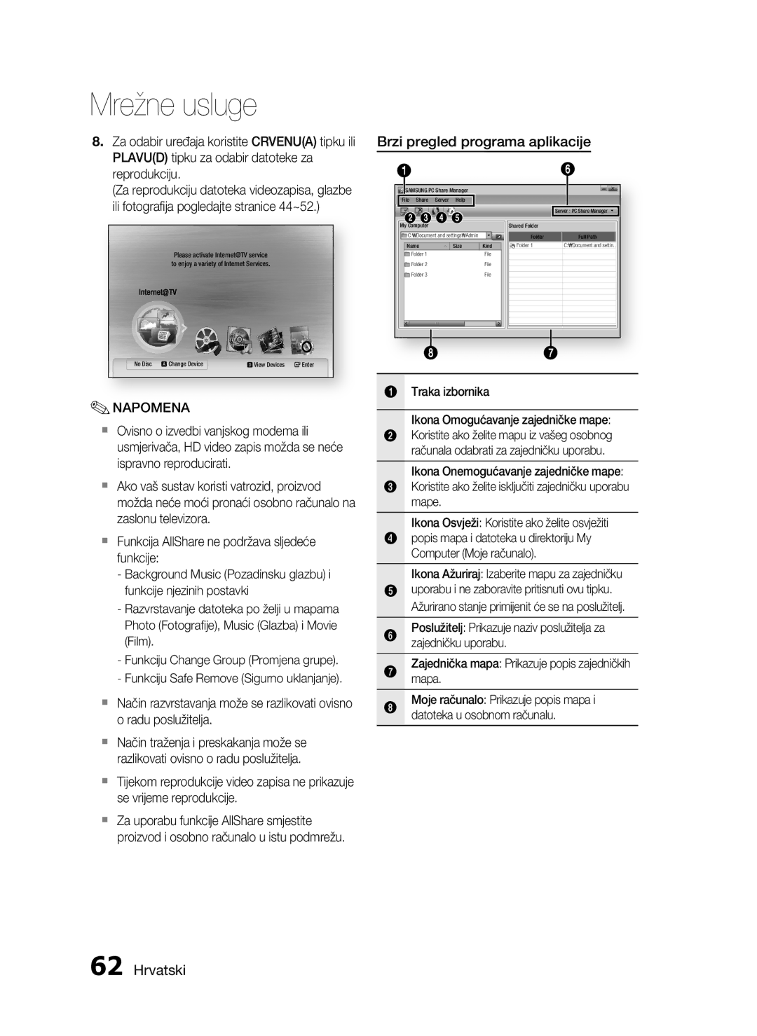 Samsung HT-C5550/EDC manual Brzi pregled programa aplikacije, Traka izbornika Ikona Omogućavanje zajedničke mape 