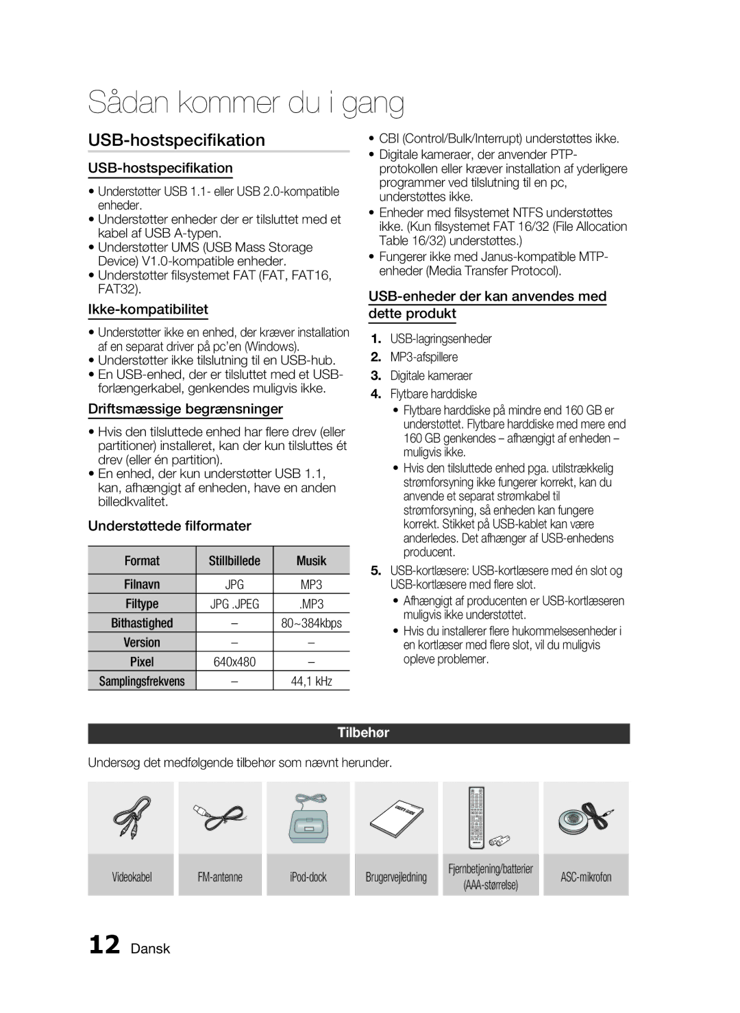 Samsung HT-C5550/XEE, HT-C5500/XEE, HT-C5530/XEE manual USB-hostspeciﬁkation, Tilbehør 