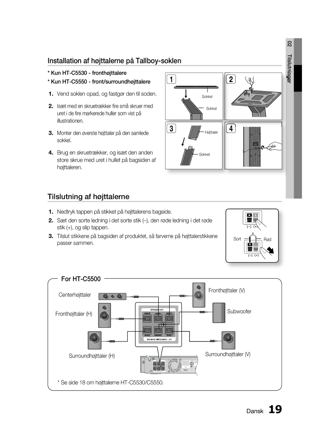 Samsung HT-C5500/XEE, HT-C5550/XEE, HT-C5530/XEE Installation af højttalerne på Tallboy-soklen, Tilslutning af højttalerne 