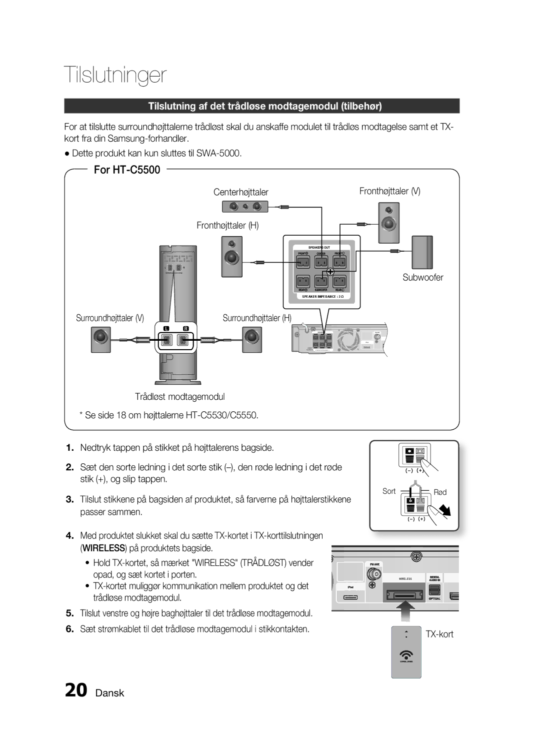 Samsung HT-C5530/XEE manual Tilslutning af det trådløse modtagemodul tilbehør, Centerhøjttaler, Fronthøjttaler H Subwoofer 