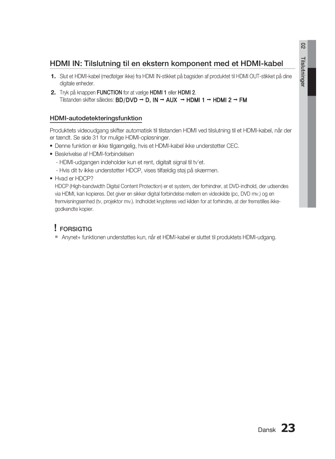 Samsung HT-C5530/XEE, HT-C5550/XEE, HT-C5500/XEE manual HDMI-autodetekteringsfunktion 