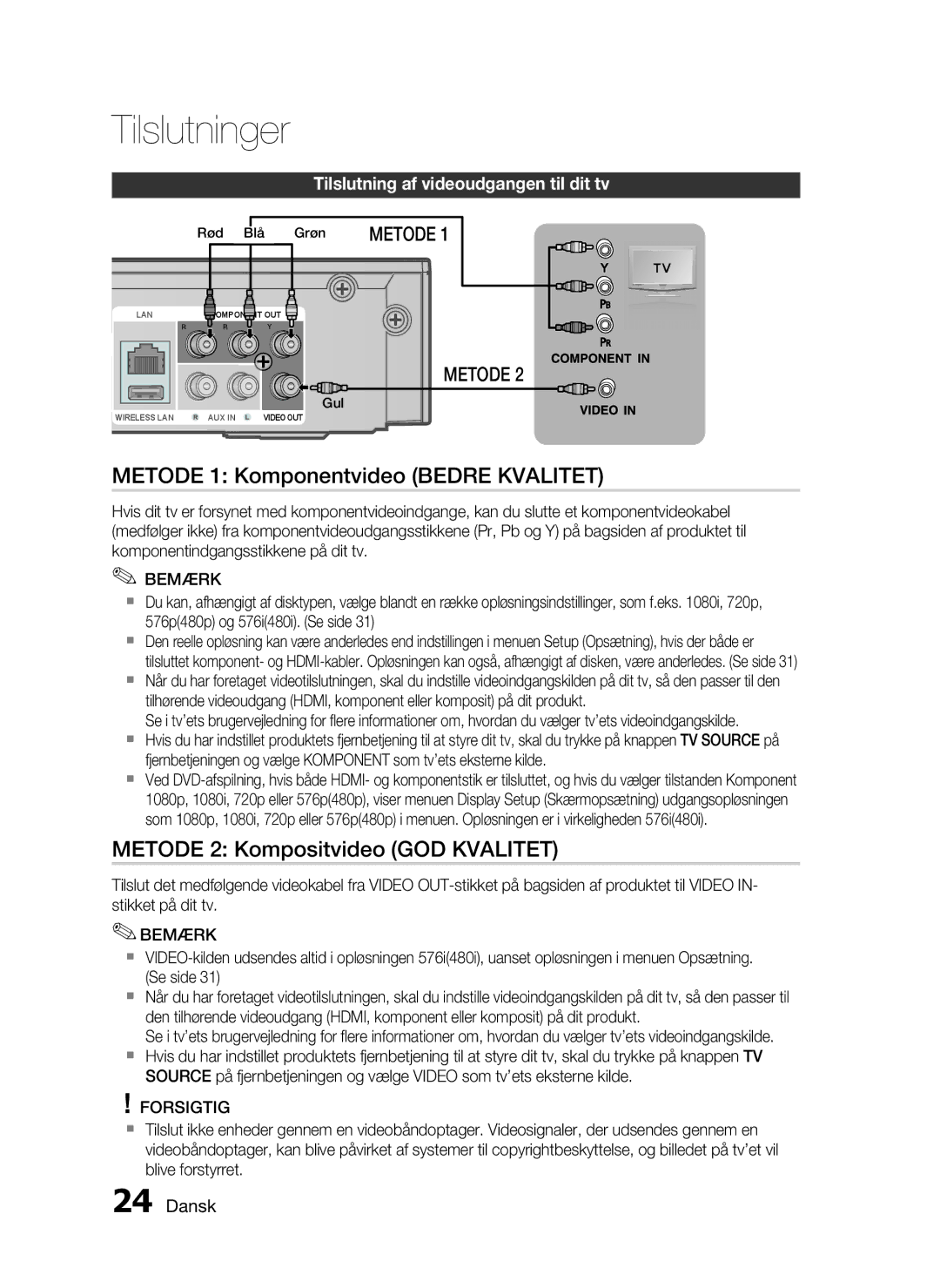 Samsung HT-C5550/XEE, HT-C5500/XEE manual Metode 1 Komponentvideo Bedre Kvalitet, Metode 2 Kompositvideo GOD Kvalitet 