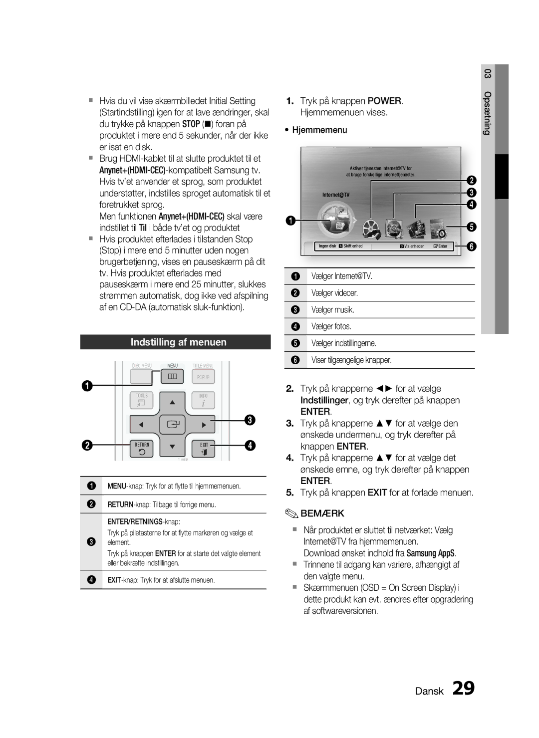 Samsung HT-C5530/XEE, HT-C5550/XEE, HT-C5500/XEE manual Indstilling af menuen, Enter 