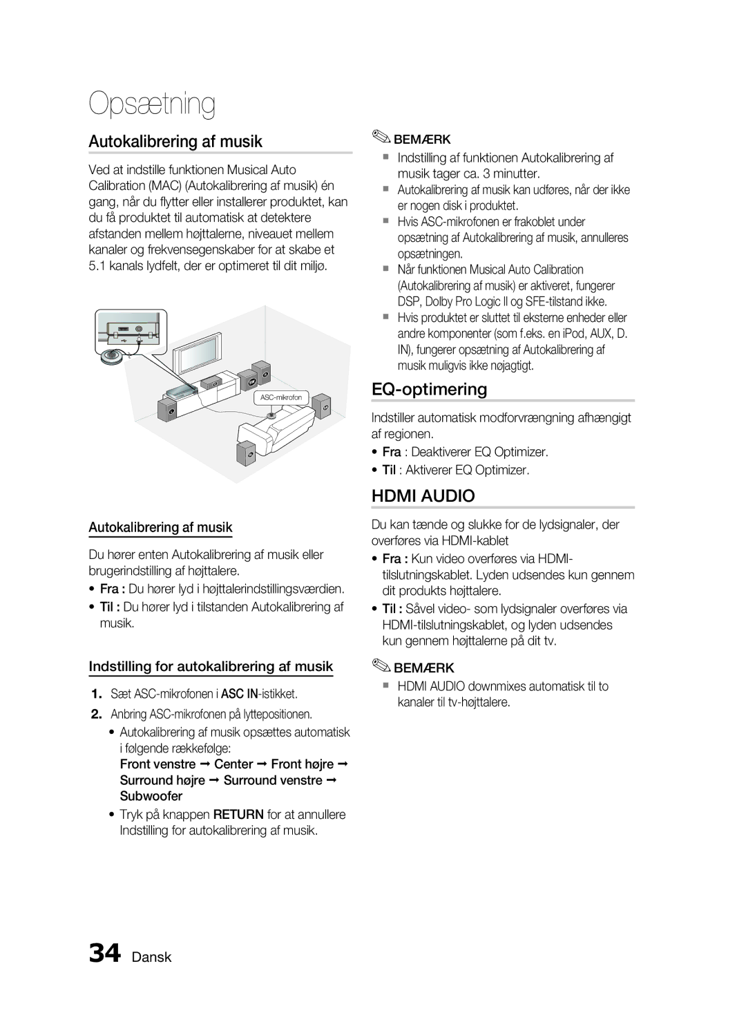 Samsung HT-C5500/XEE, HT-C5550/XEE manual Autokalibrering af musik, EQ-optimering, Indstilling for autokalibrering af musik 