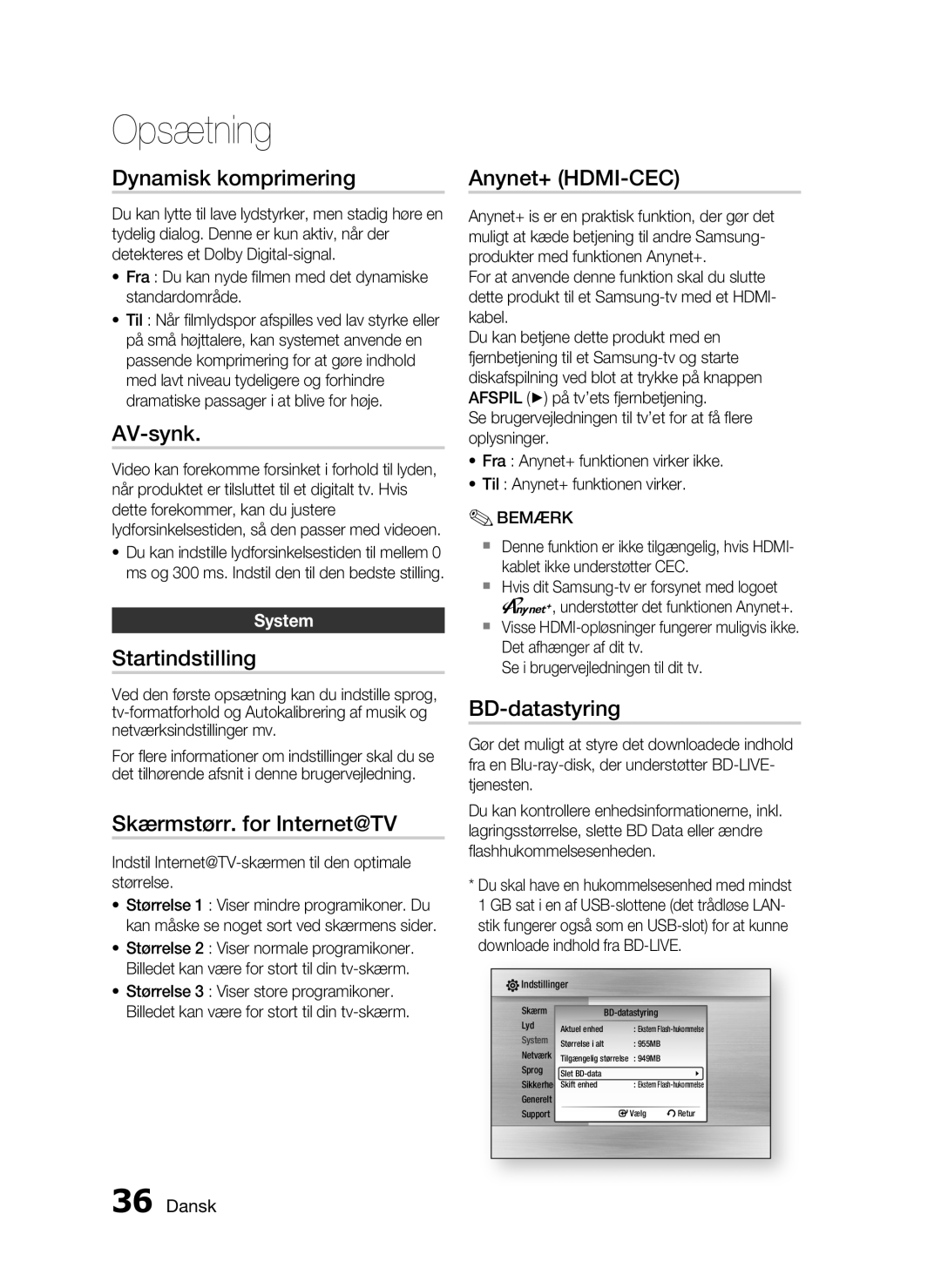 Samsung HT-C5550/XEE manual Dynamisk komprimering, AV-synk, Startindstilling, Skærmstørr. for Internet@TV, Anynet+ HDMI-CEC 