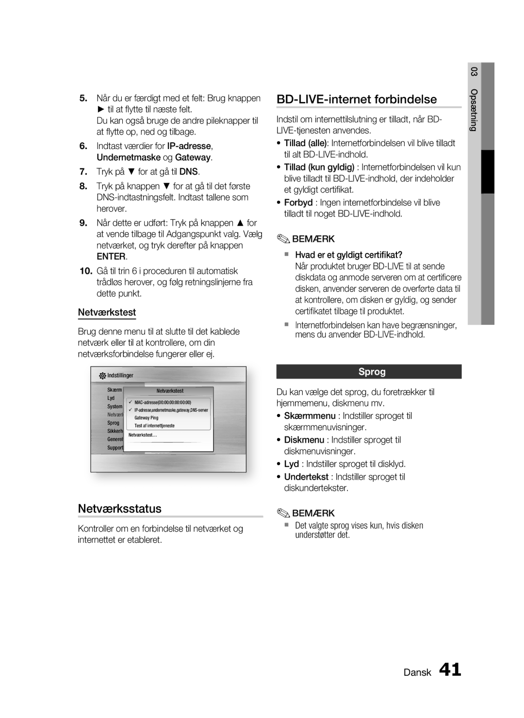 Samsung HT-C5530/XEE, HT-C5550/XEE, HT-C5500/XEE manual Netværksstatus, BD-LIVE-internet forbindelse, Netværkstest, Sprog 