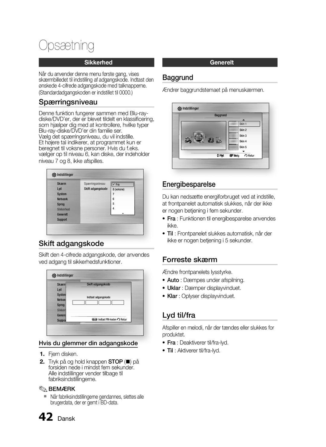 Samsung HT-C5550/XEE manual Spærringsniveau, Skift adgangskode, Baggrund, Energibesparelse, Forreste skærm, Lyd til/fra 