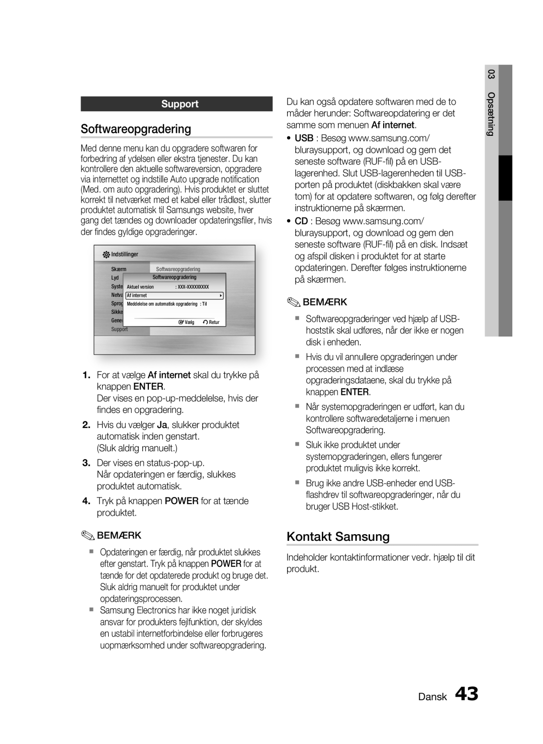 Samsung HT-C5500/XEE, HT-C5550/XEE, HT-C5530/XEE manual Softwareopgradering, Kontakt Samsung, Support 