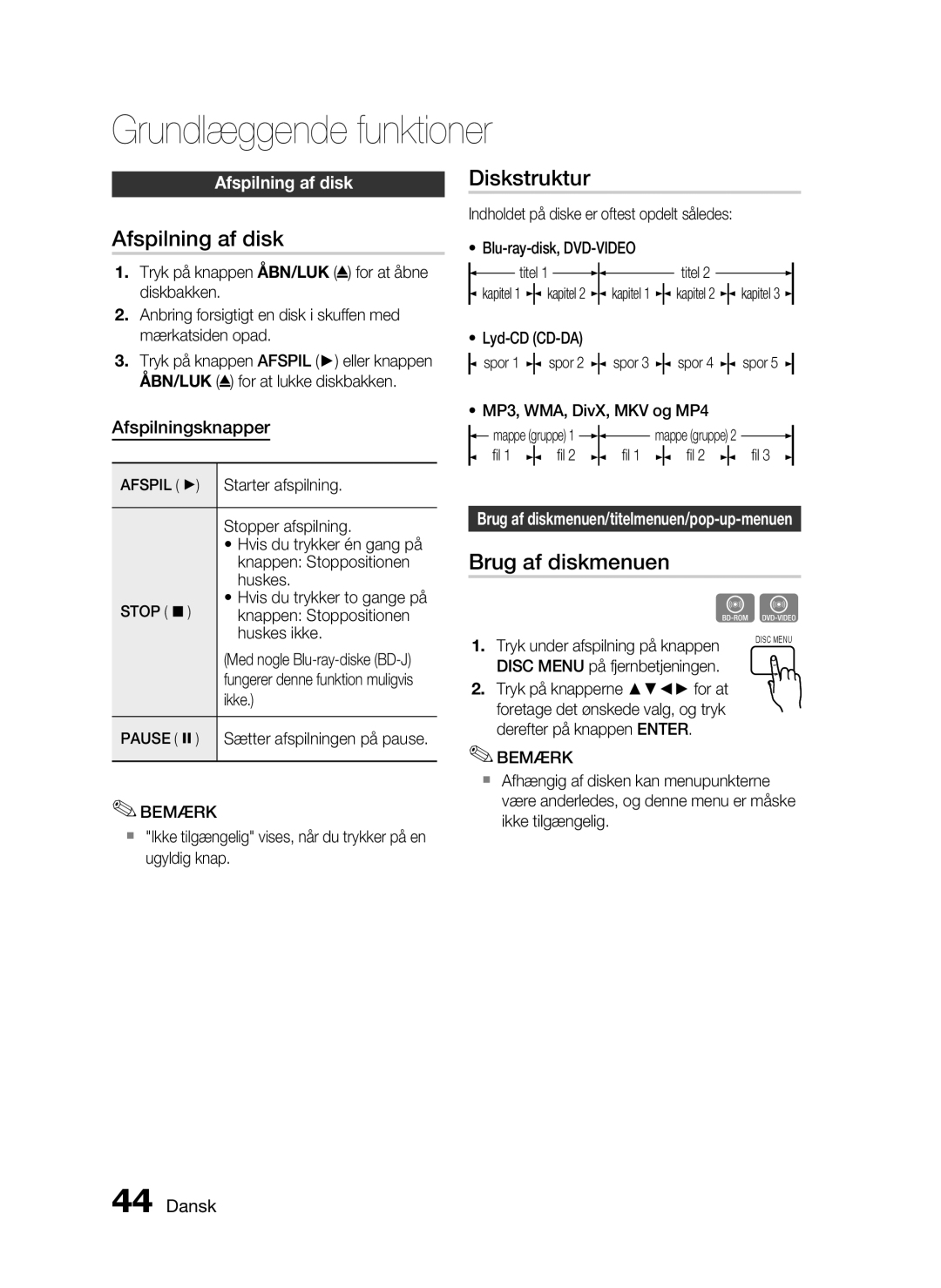 Samsung HT-C5530/XEE, HT-C5550/XEE manual Grundlæggende funktioner, Afspilning af disk, Diskstruktur, Brug af diskmenuen 