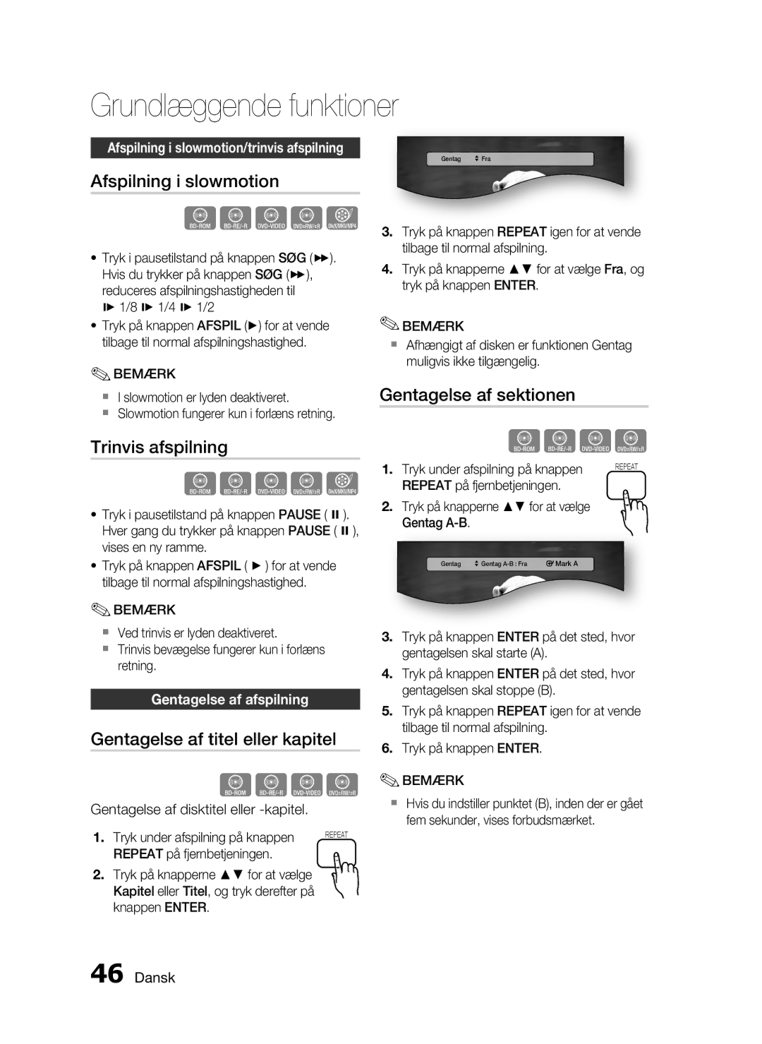 Samsung HT-C5500/XEE manual Afspilning i slowmotion, Gentagelse af sektionen Trinvis afspilning, Gentagelse af afspilning 