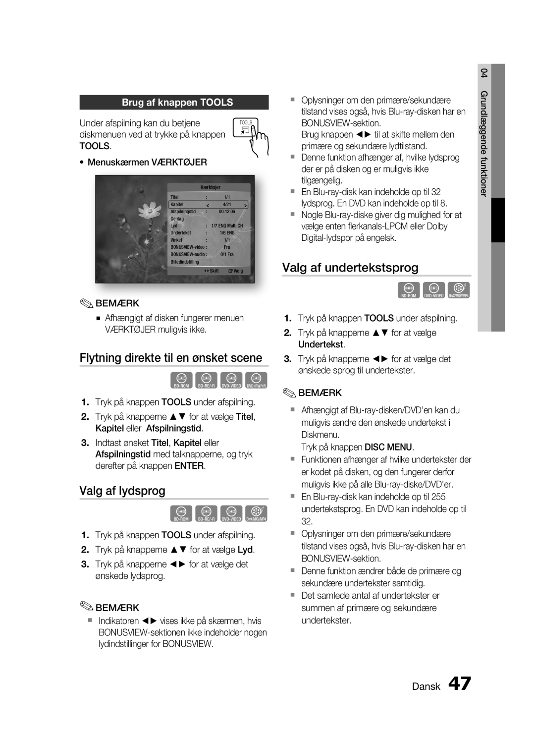 Samsung HT-C5530/XEE, HT-C5550/XEE Flytning direkte til en ønsket scene, Valg af lydsprog, Valg af undertekstsprog, Tools 