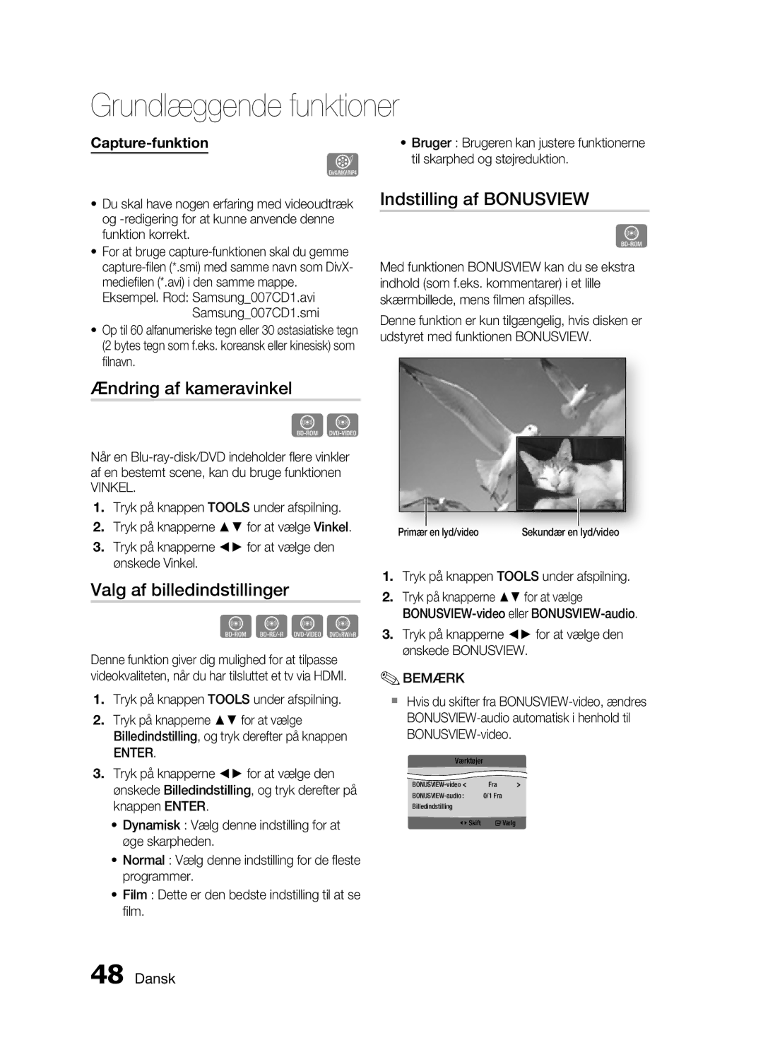 Samsung HT-C5550/XEE, HT-C5500/XEE Ændring af kameravinkel, Valg af billedindstillinger, Indstilling af Bonusview, Vinkel 