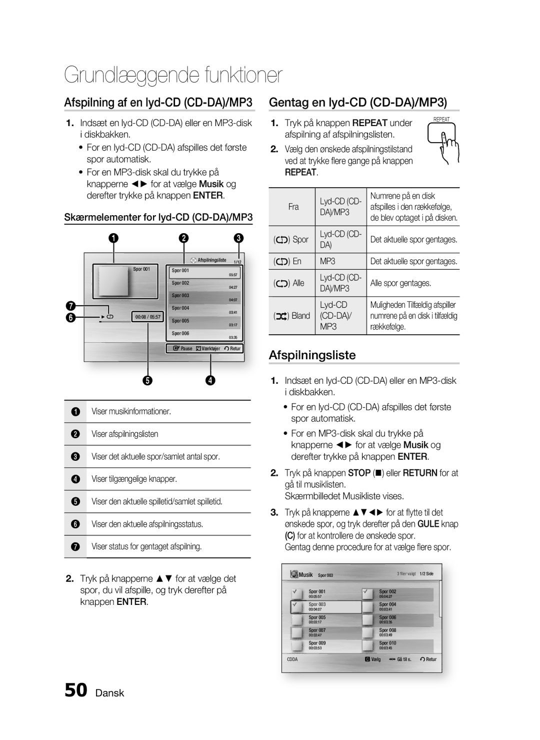 Samsung HT-C5530/XEE, HT-C5550/XEE manual Afspilning af en lyd-CD CD-DA/MP3, Gentag en lyd-CD CD-DA/MP3, Afspilningsliste 