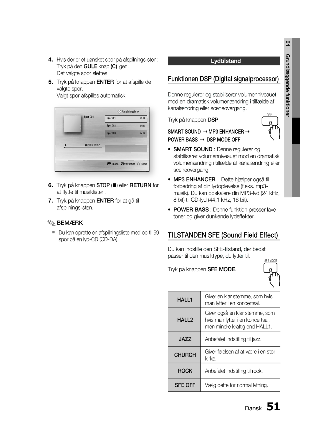 Samsung HT-C5550/XEE, HT-C5500/XEE, HT-C5530/XEE manual Tilstanden SFE Sound Field Effect, Lydtilstand 