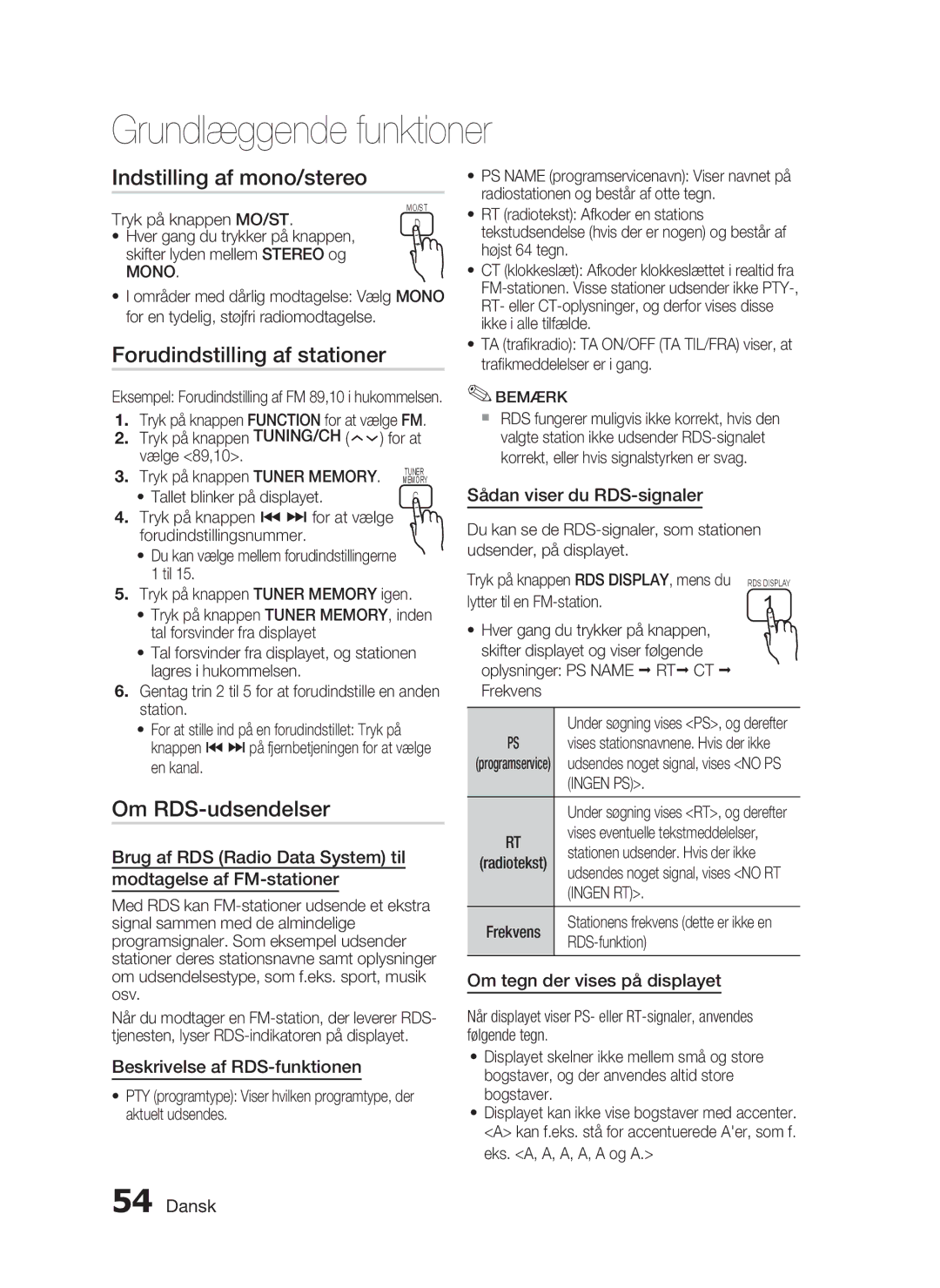 Samsung HT-C5550/XEE, HT-C5500/XEE manual Indstilling af mono/stereo, Forudindstilling af stationer, Om RDS-udsendelser 