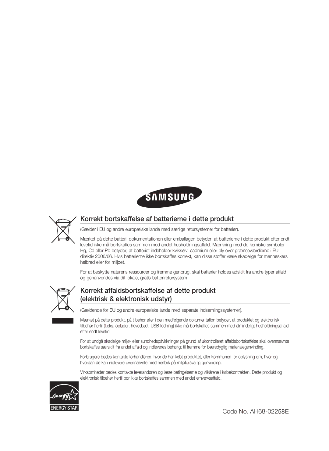 Samsung HT-C5550/XEE, HT-C5500/XEE, HT-C5530/XEE manual Korrekt bortskaffelse af batterierne i dette produkt 