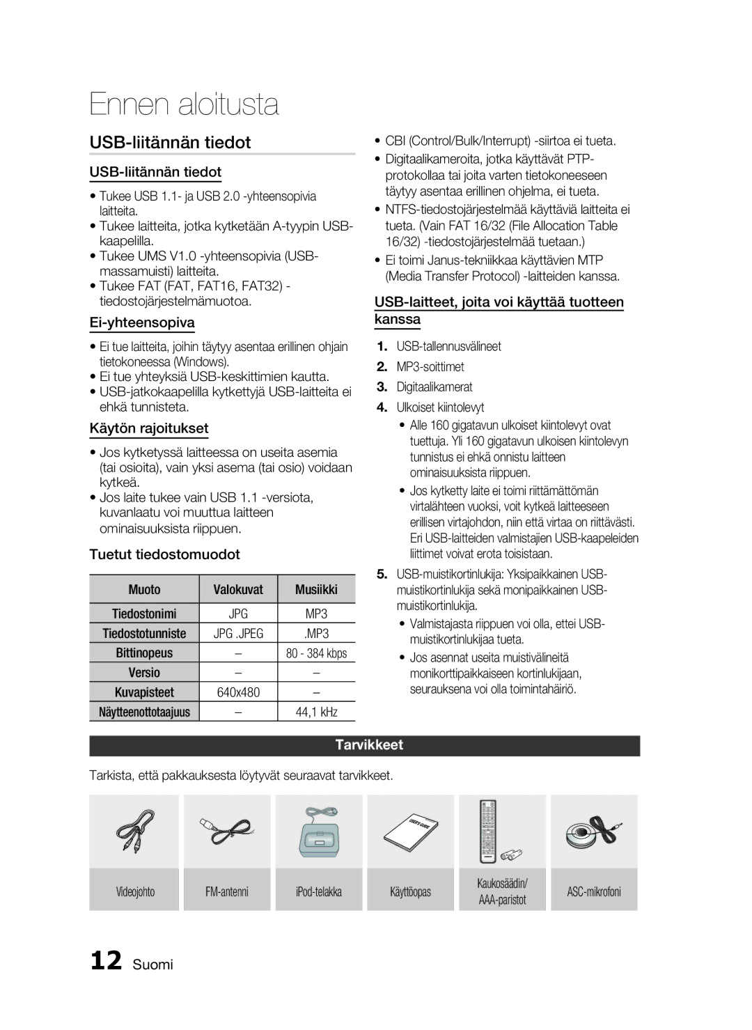 Samsung HT-C5550/XEE, HT-C5500/XEE, HT-C5530/XEE manual USB-liitännän tiedot, Tarvikkeet 