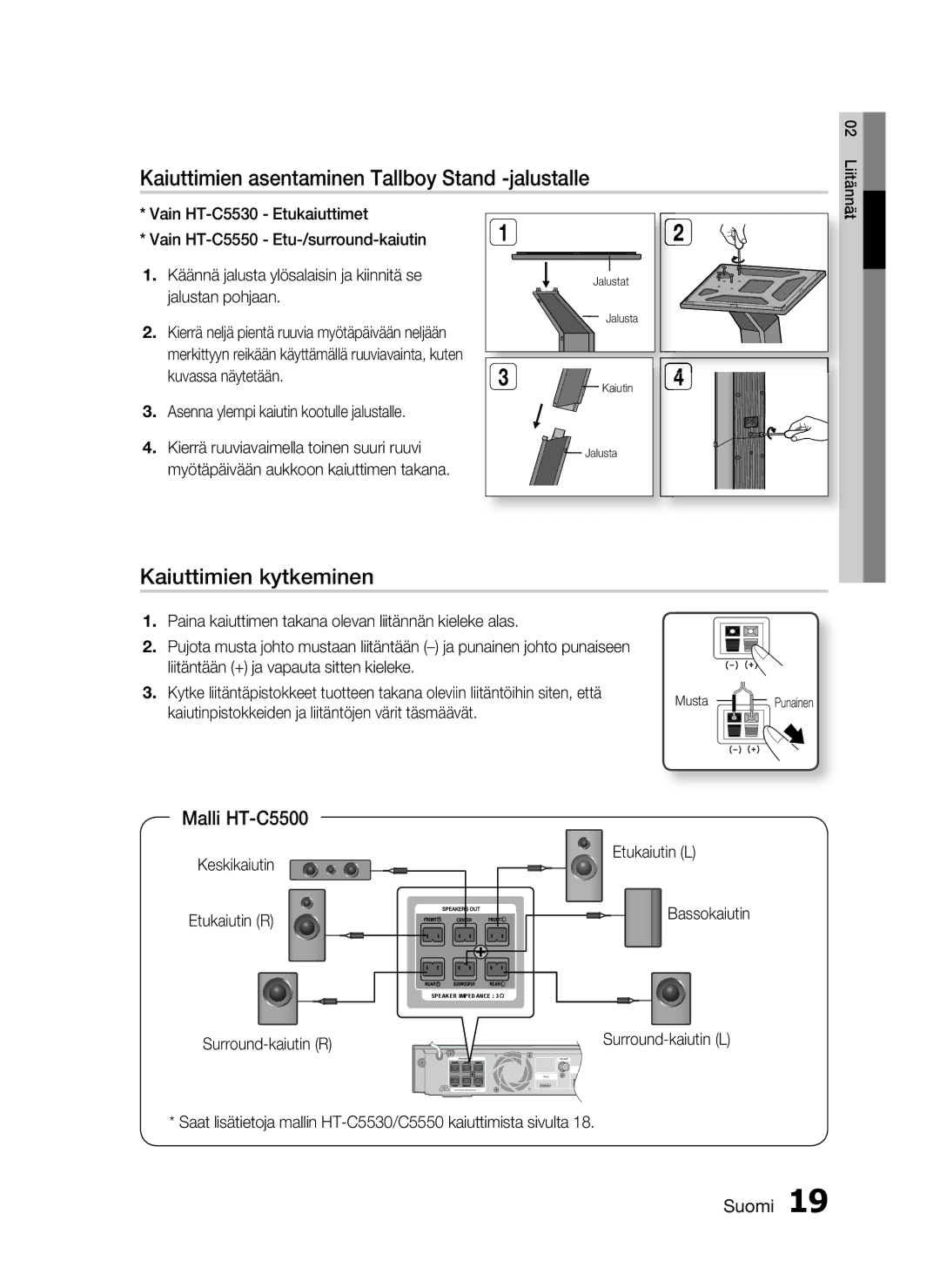 Samsung HT-C5500/XEE, HT-C5550/XEE, HT-C5530/XEE Kaiuttimien asentaminen Tallboy Stand -jalustalle, Kaiuttimien kytkeminen 