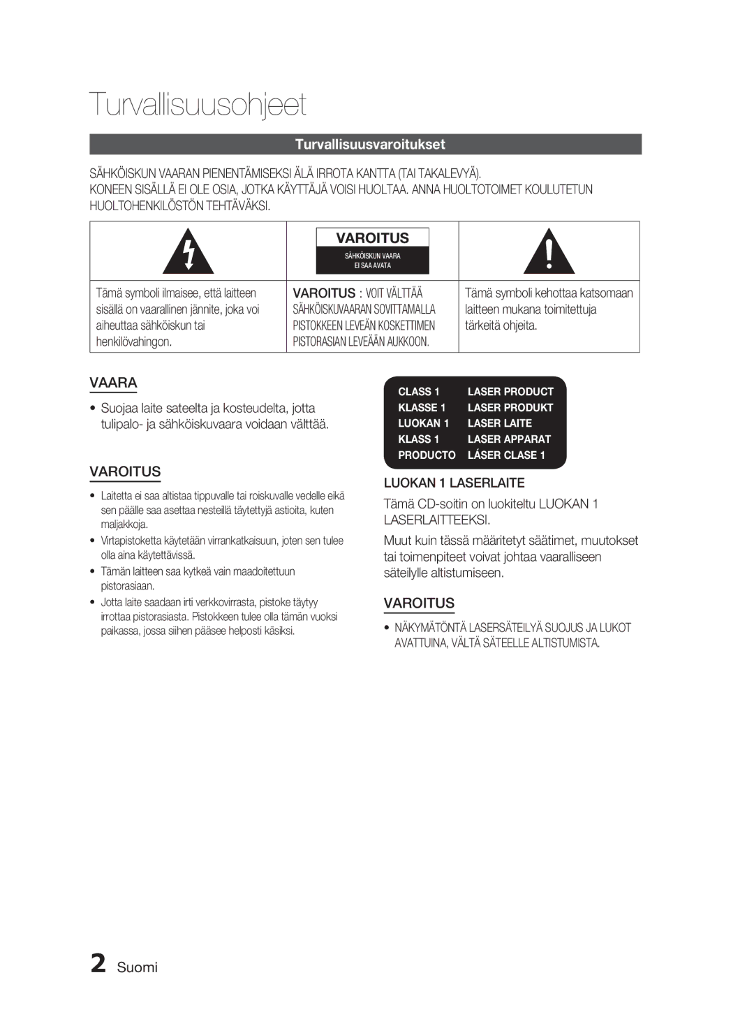 Samsung HT-C5530/XEE manual Turvallisuusohjeet, Turvallisuusvaroitukset, Suomi, Varoitus Voit Välttää, Luokan 1 Laserlaite 