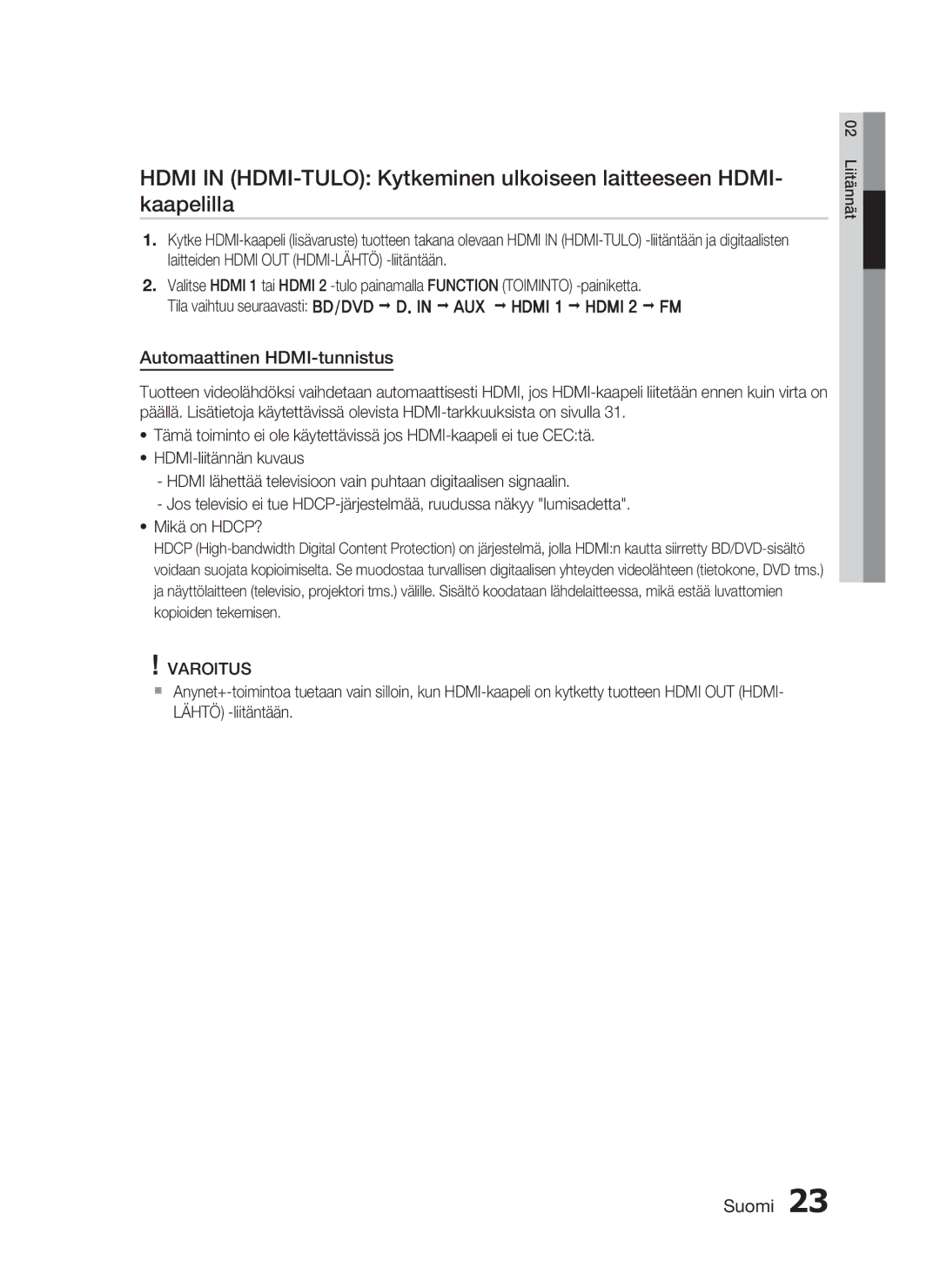 Samsung HT-C5530/XEE, HT-C5550/XEE, HT-C5500/XEE manual Automaattinen HDMI-tunnistus 