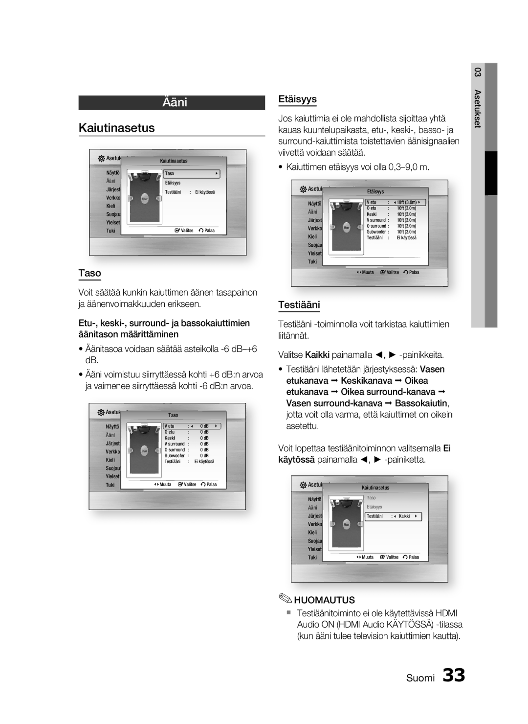 Samsung HT-C5550/XEE, HT-C5500/XEE, HT-C5530/XEE manual Kaiutinasetus, Taso, Etäisyys, Testiääni 