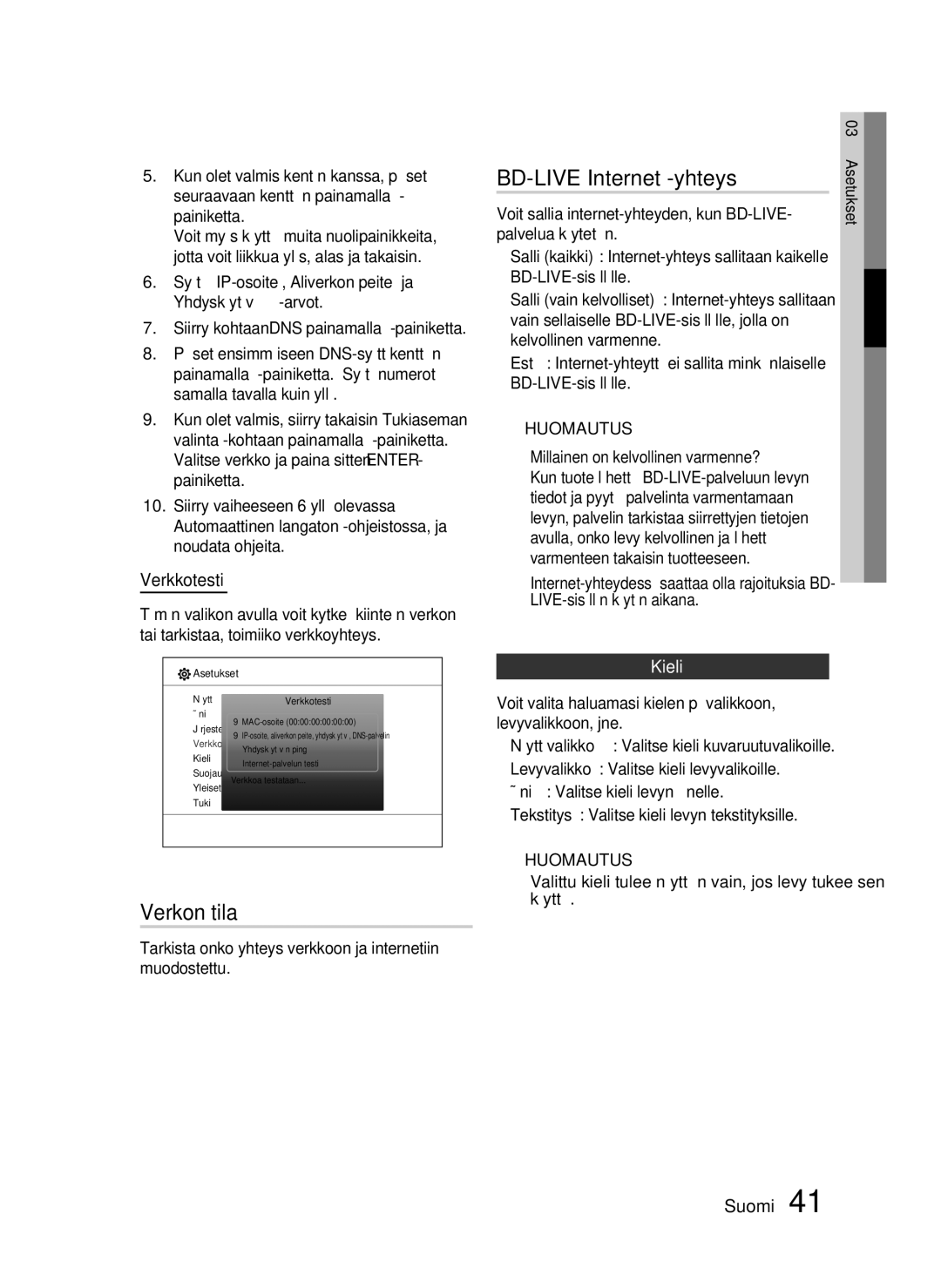 Samsung HT-C5530/XEE, HT-C5550/XEE, HT-C5500/XEE manual BD-LIVE Internet -yhteys, Verkon tila, Verkkotesti, Kieli 