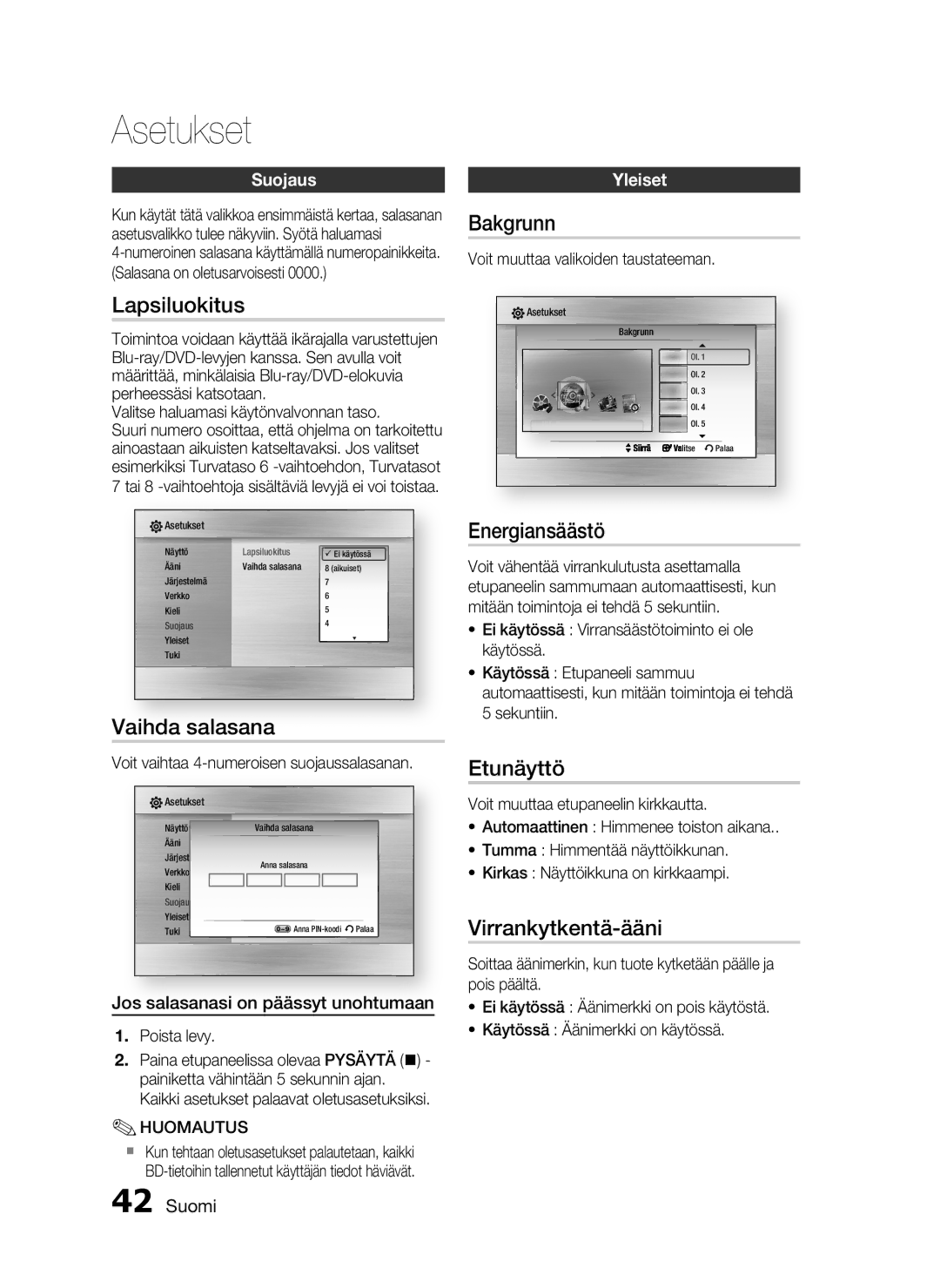 Samsung HT-C5550/XEE manual Lapsiluokitus, Bakgrunn, Vaihda salasana, Energiansäästö, Etunäyttö, Virrankytkentä-ääni 