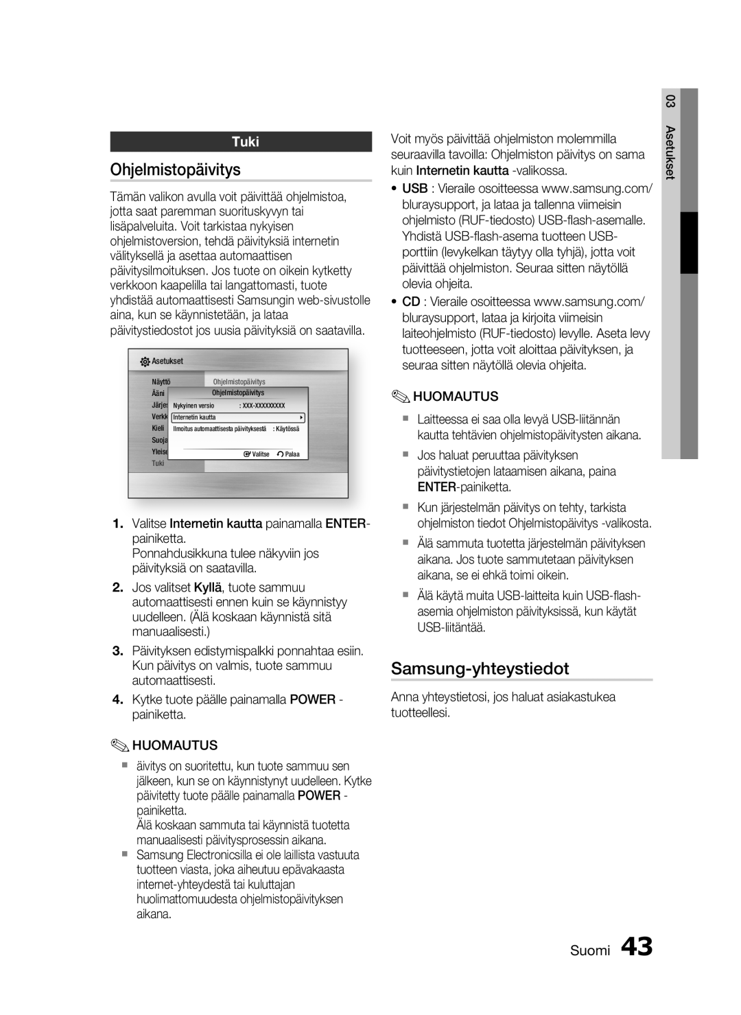 Samsung HT-C5500/XEE, HT-C5550/XEE, HT-C5530/XEE manual Ohjelmistopäivitys, Samsung-yhteystiedot, Tuki 