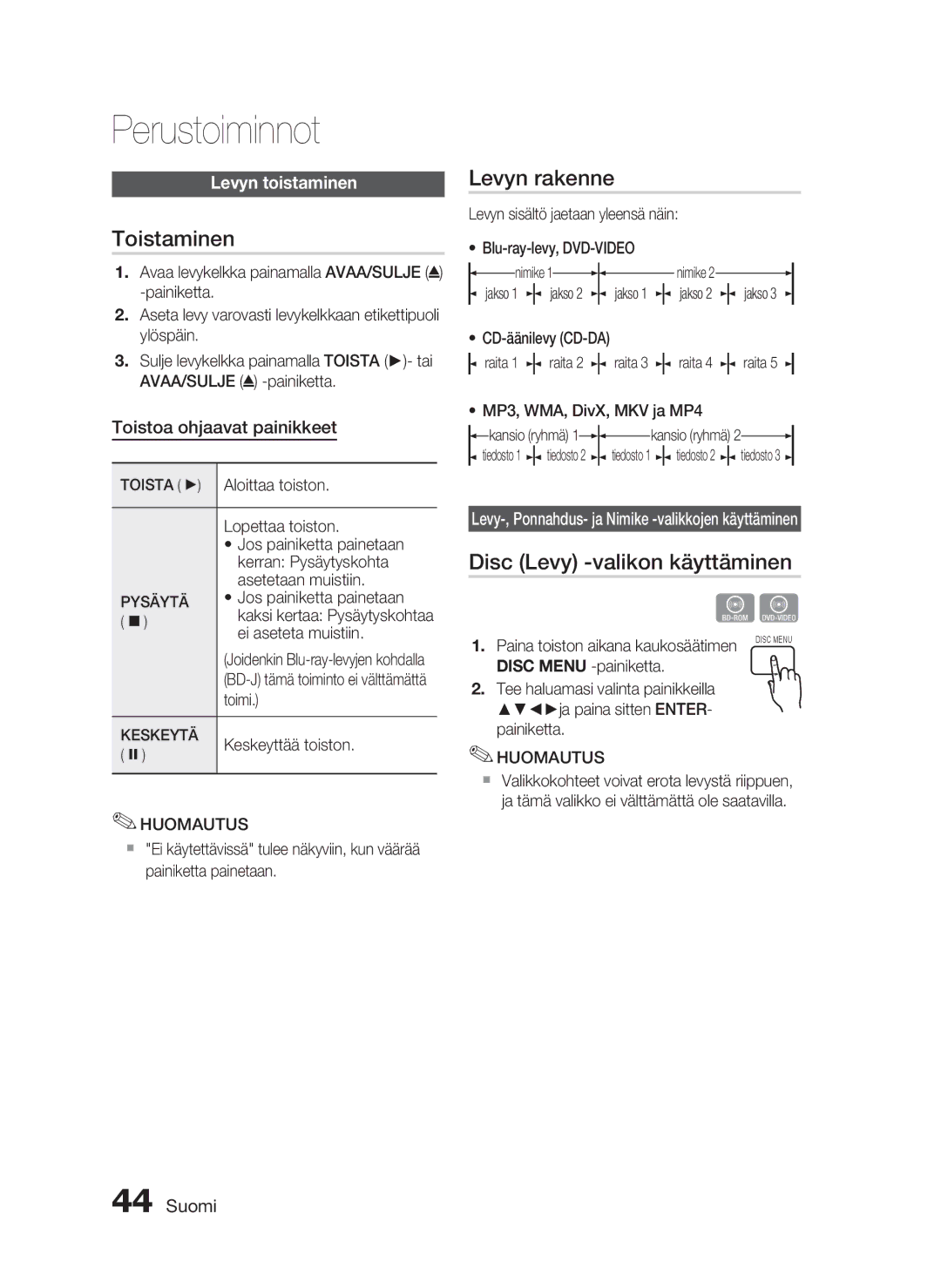 Samsung HT-C5530/XEE manual Perustoiminnot, Toistaminen, Levyn rakenne, Disc Levy -valikon käyttäminen, Levyn toistaminen 