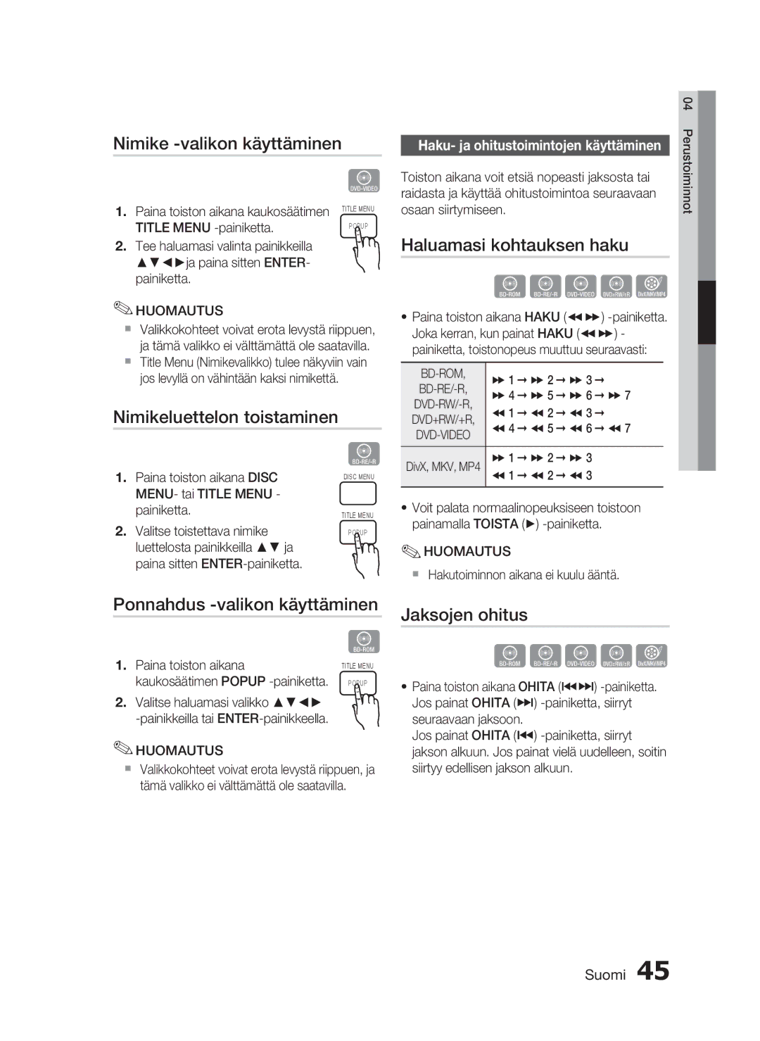 Samsung HT-C5550/XEE Nimike -valikon käyttäminen, Haluamasi kohtauksen haku, Nimikeluettelon toistaminen, Jaksojen ohitus 